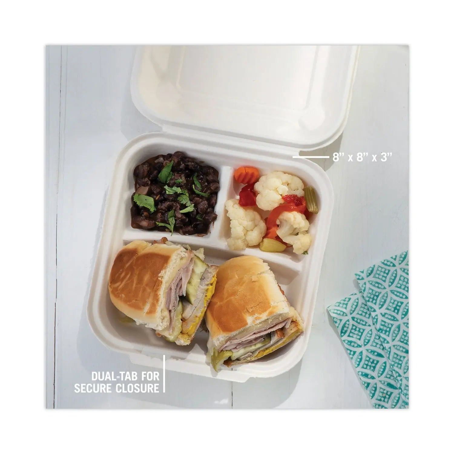 EarthChoice Bagasse Hinged Lid Container, 3-Compartment, Dual Tab Lock, 7.8 x 7.8 x 2.8, Natural, Sugarcane, 150/Carton Pactiv Evergreen Flipcost