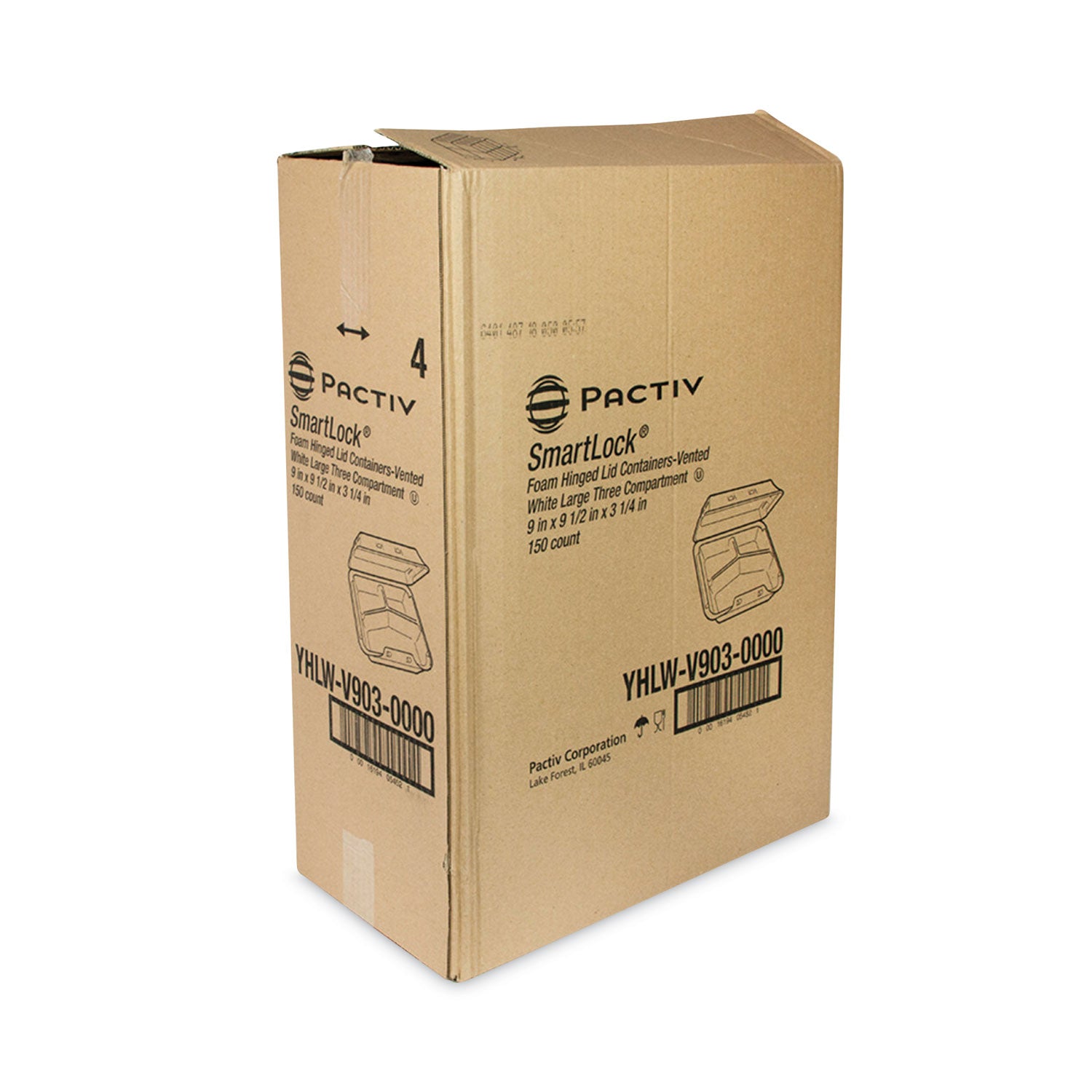 Pactiv Evergreen SmartLock Vented Foam Hinged Lid Container, 3 Compartments, 9 x 9.25 x 3.25, White, 150/Carton