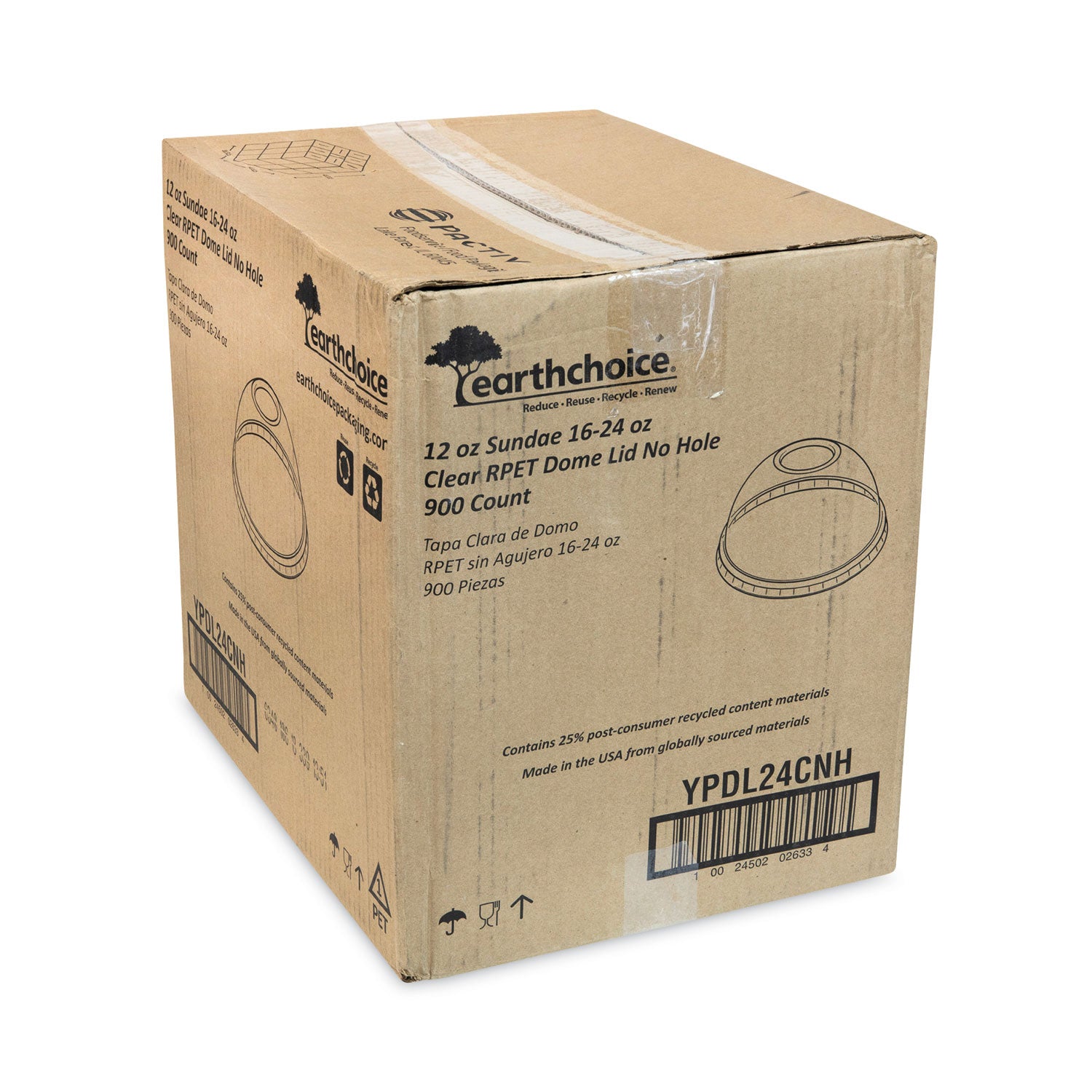 Pactiv Evergreen EarthChoice Strawless RPET Lid, Dome Lid, Fits 12 oz to 24 oz "B" Cups, Plastic, Clear, 1,020/Carton