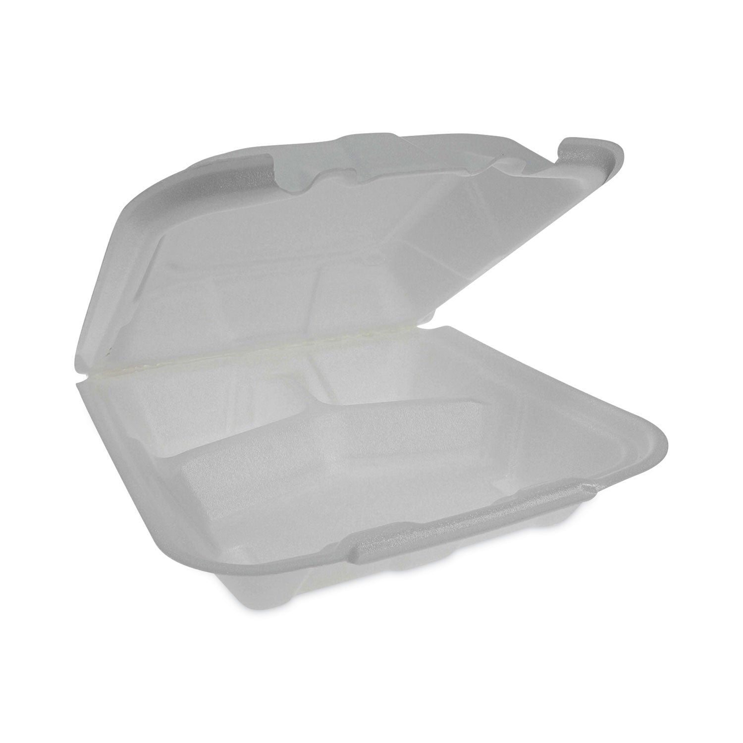 Pactiv Evergreen Vented Foam Hinged Lid Container, Dual Tab Lock Economy, 3 Compartments, 9.13 x 9 x 3.25, White, 150/Carton
