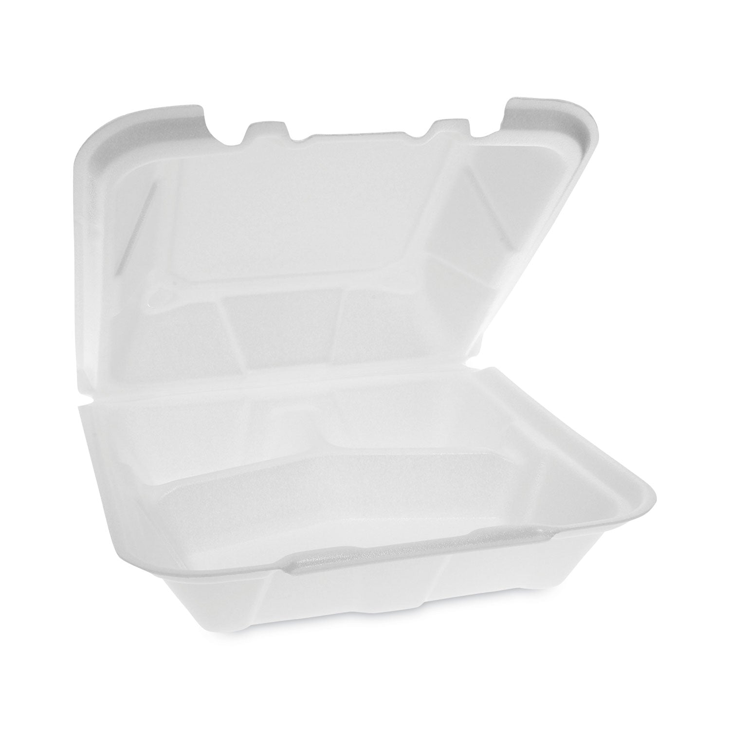 Pactiv Evergreen Vented Foam Hinged Lid Container, Dual Tab Lock, 3 Compartments, 9.13 x 9 x 3.25, White, 150/Carton