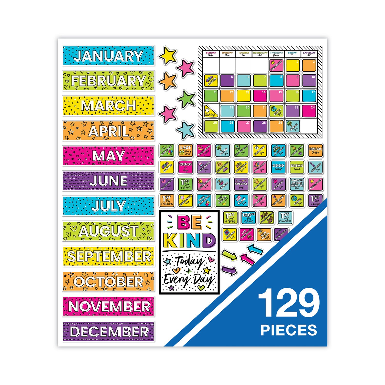 Carson-Dellosa Education Calendar Bulletin Board Sets, 129-Piece Set, Kind Vibes, 23" x 17", Multicolor
