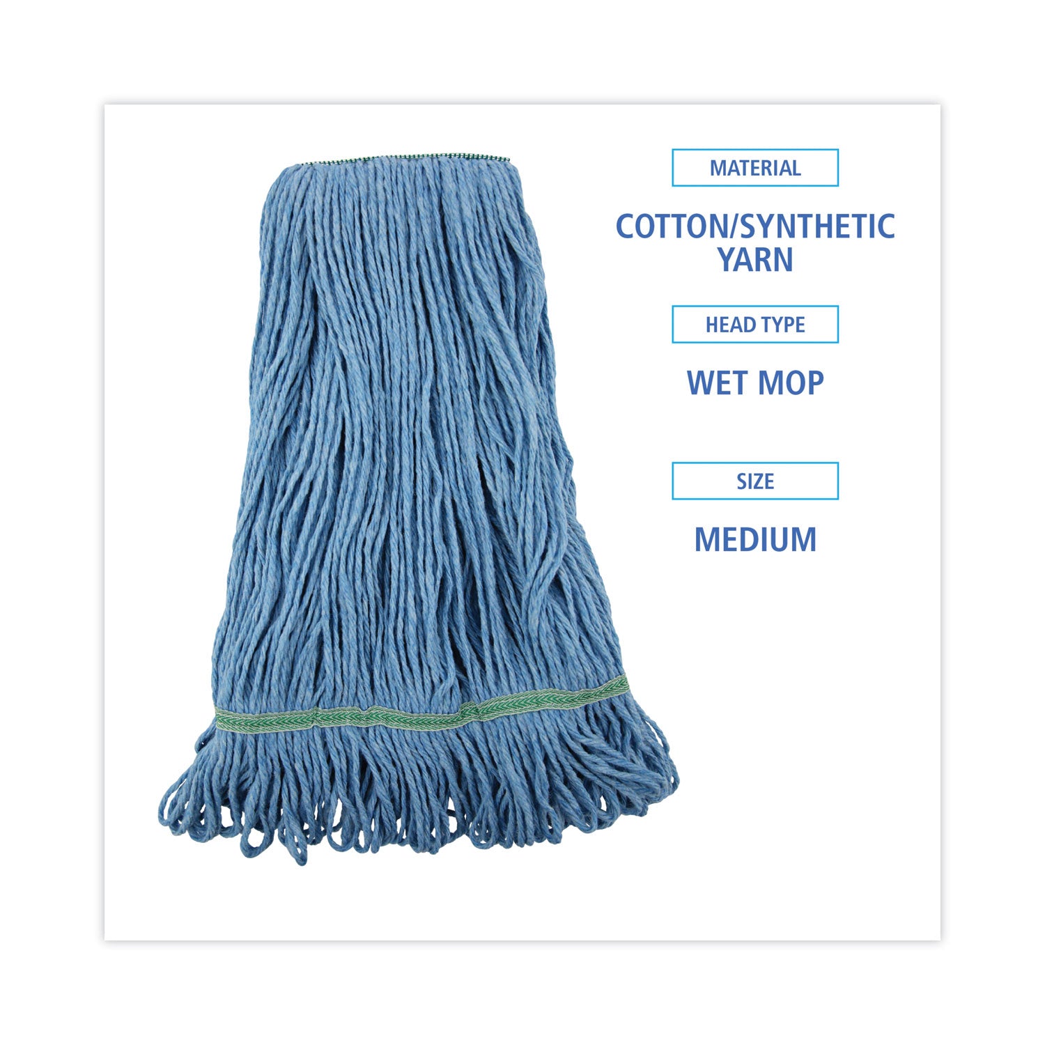 Boardwalk® Super Loop Wet Mop Head, Cotton/synthetic Fiber, 1" Headband, Medium Size, Blue, 12/carton