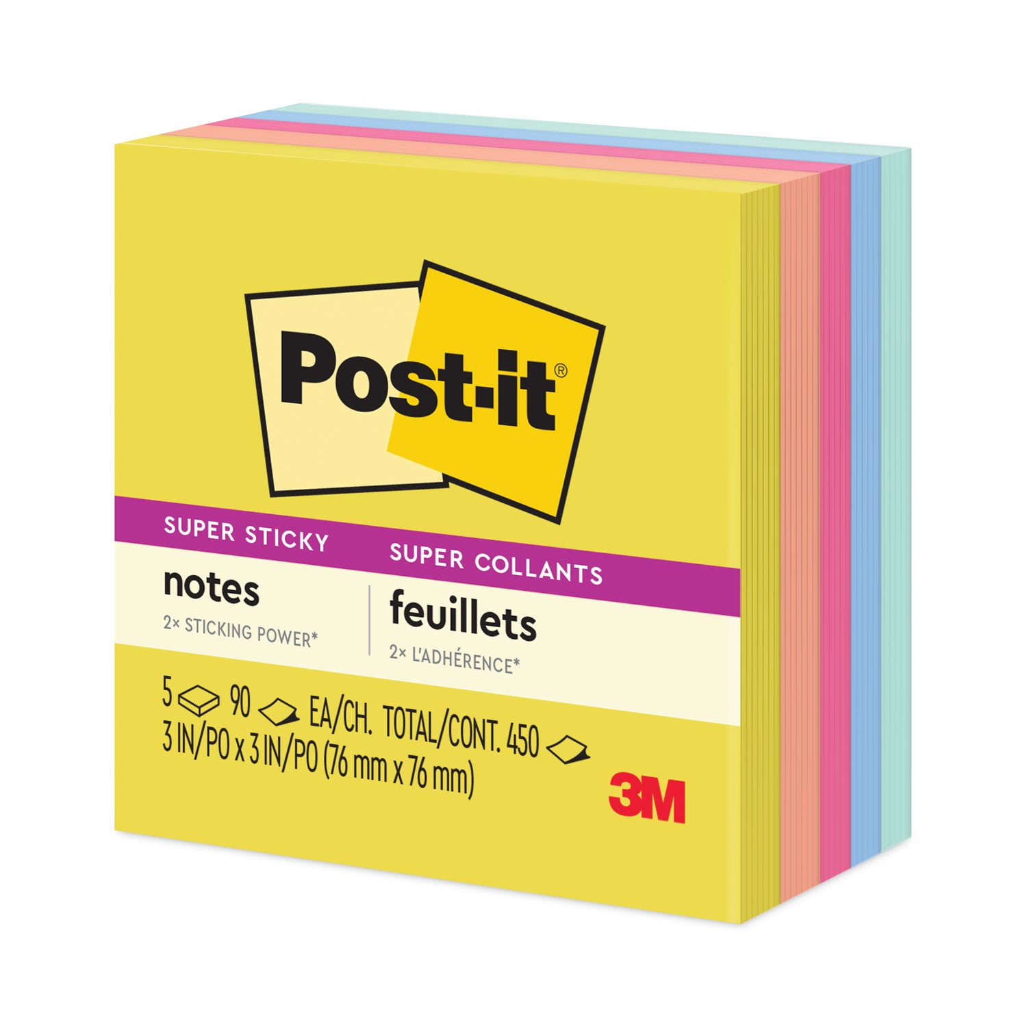 Post-it® Notes Super Sticky Note Pads in Summer Joy Collection Colors, 3" x 3", Summer Joy Collection Colors, 90 Sheets/Pad, 5 Pads/Pack