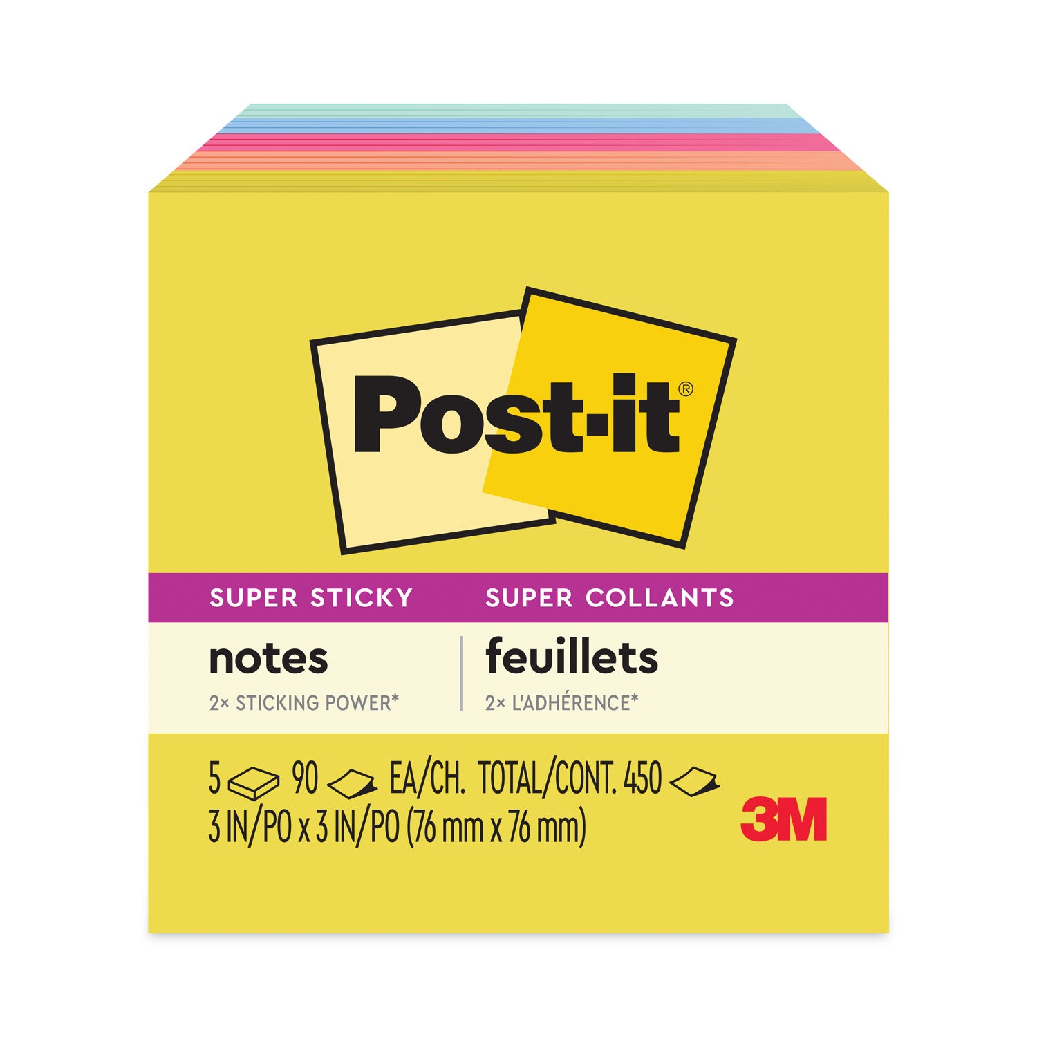 Post-it® Notes Super Sticky Note Pads in Summer Joy Collection Colors, 3" x 3", Summer Joy Collection Colors, 90 Sheets/Pad, 5 Pads/Pack