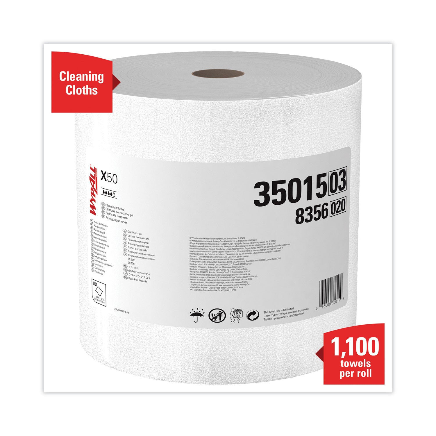 WypAll® X50 Cloths, Jumbo Roll, 13.4 x 9.8, White, 1,100/Roll