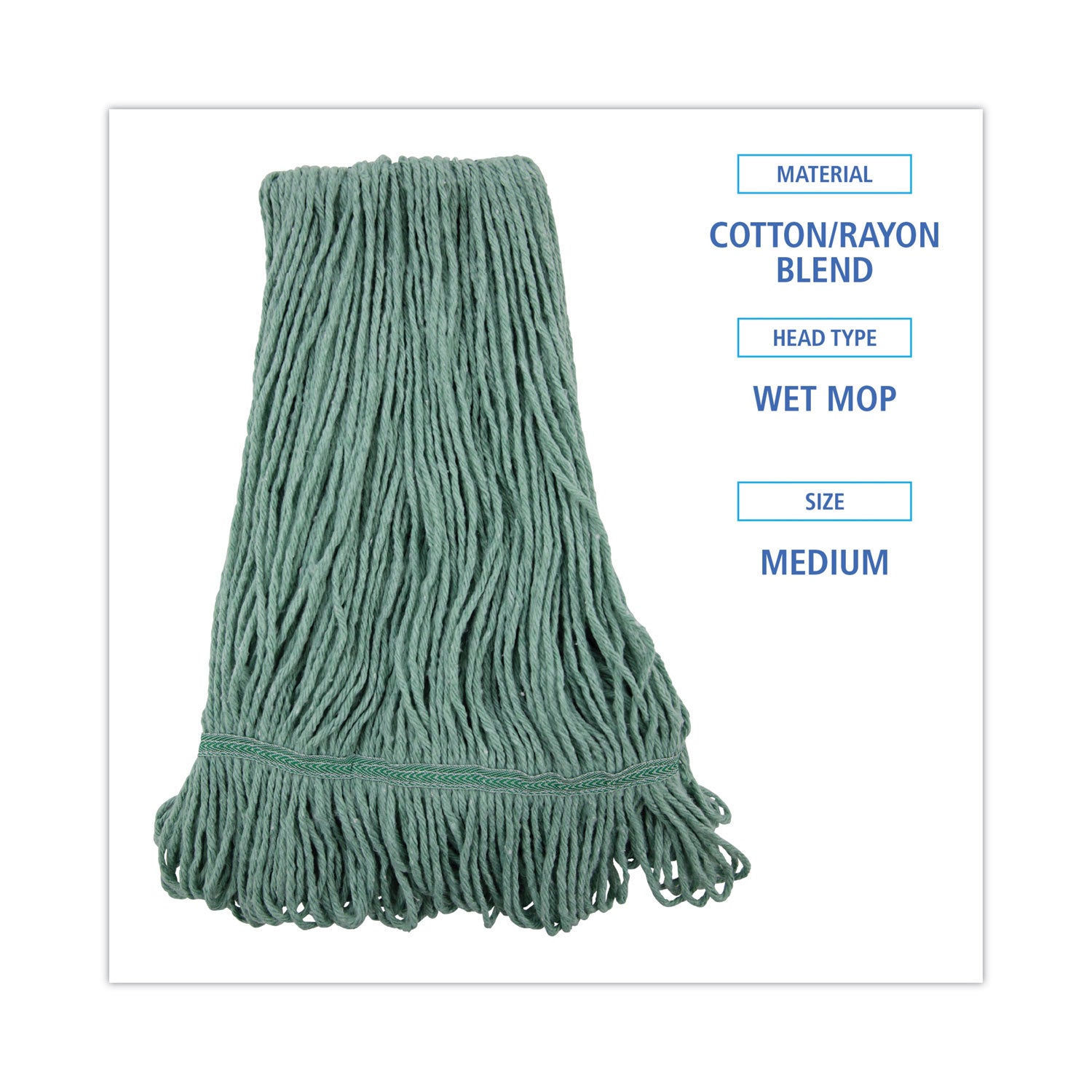 Boardwalk® Narrowband Looped-End Mop Head, Premium Standard Head, Cotton/Rayon Fiber, Medium, Green, 12/Carton
