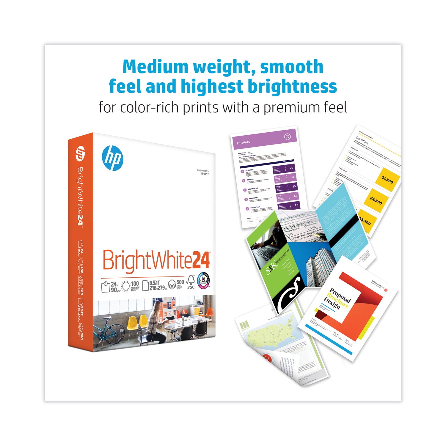 HP Papers Brightwhite24 Paper, 100 Bright, 24 lb Bond Weight, 8.5 x 11, Bright White, 500/Ream