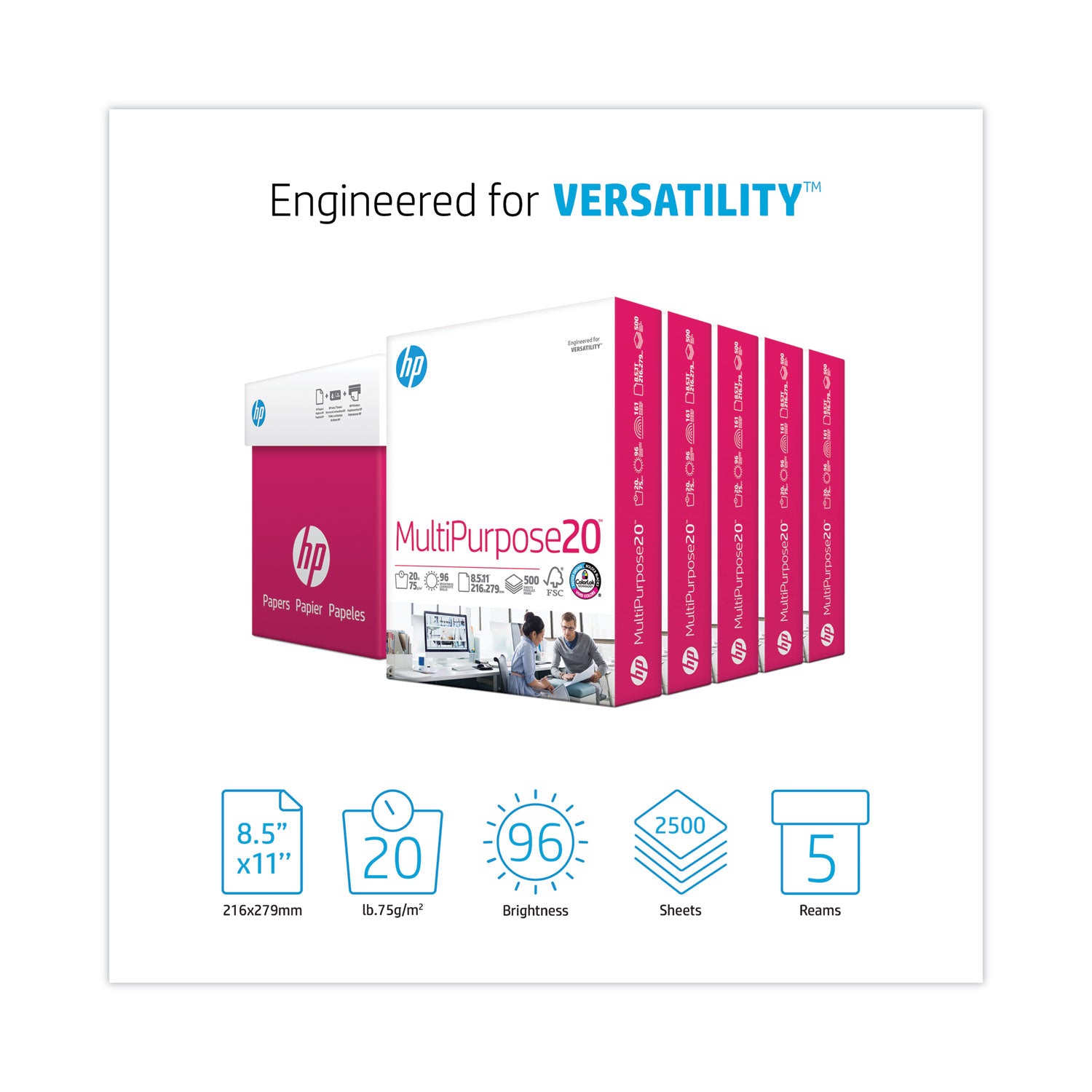 HP Papers MultiPurpose20 Paper, 96 Bright, 20 lb Bond Weight, 8.5 x 11, White, 500 Sheets/Ream, 5 Reams/Carton