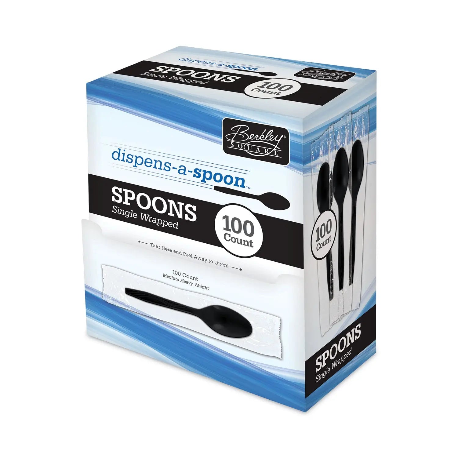 Dispens-a Spoon, Individually Wrapped, Mediumweight, Teaspoons, Black, 100/Box Berkley Square Flipcost
