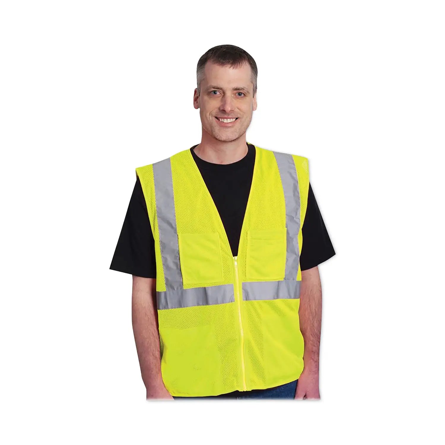ANSI Class 2 Four Pocket Zipper Safety Vest, Polyester Mesh, 2X-Large, Hi-Viz Lime Yellow PIP Flipcost