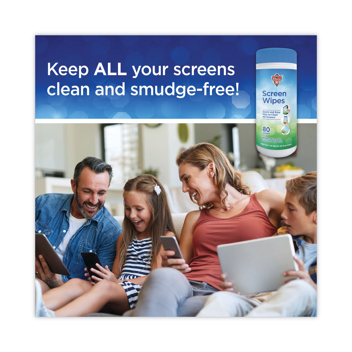 Dust-Off® Premoistened Monitor Cleaning Wipes, Cloth, 5 x 7, Citrus, White, 80/Tub