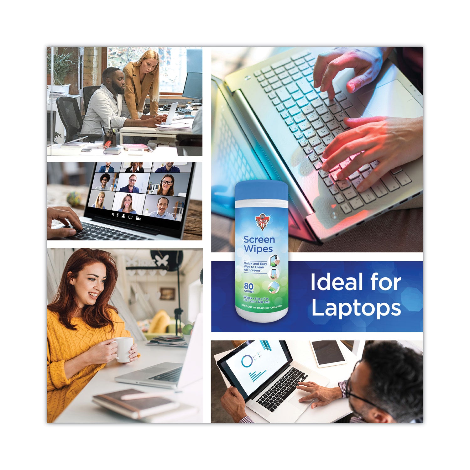 Dust-Off® Premoistened Monitor Cleaning Wipes, Cloth, 5 x 7, Citrus, White, 80/Tub