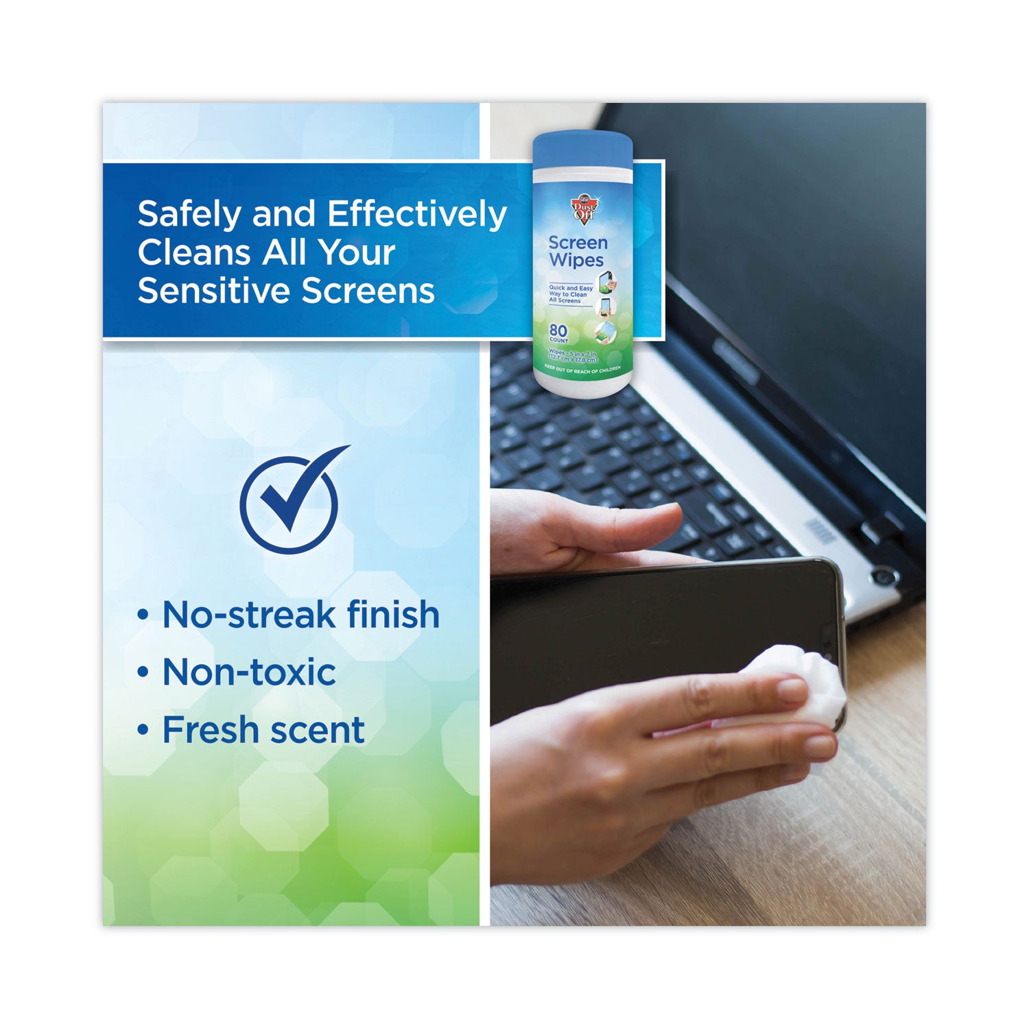 Dust-Off® Premoistened Monitor Cleaning Wipes, Cloth, 5 x 7, Citrus, White, 80/Tub