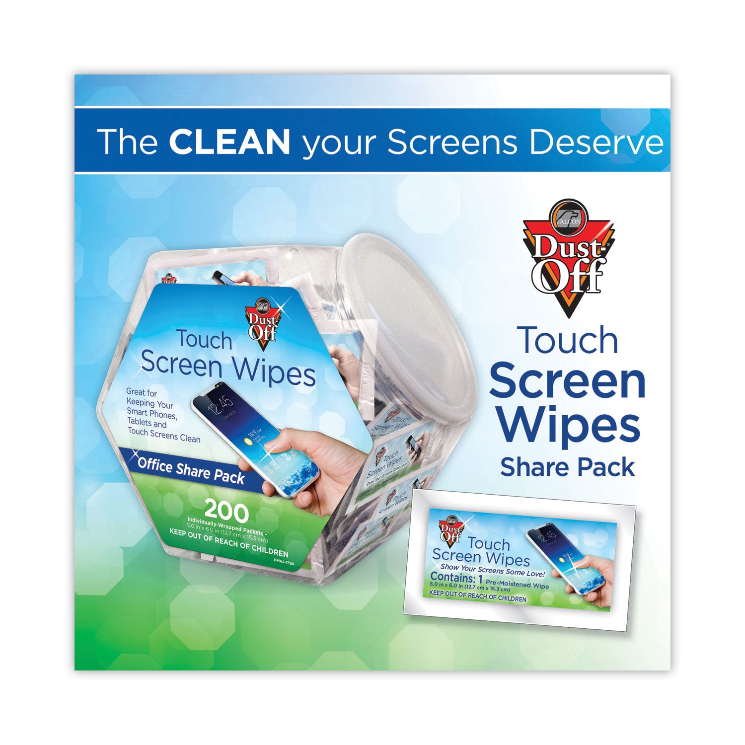 Dust-Off® Touch Screen Wipes, 5 x 6, Citrus, 200 Individual Foil Packets in an Easy Grab Jar