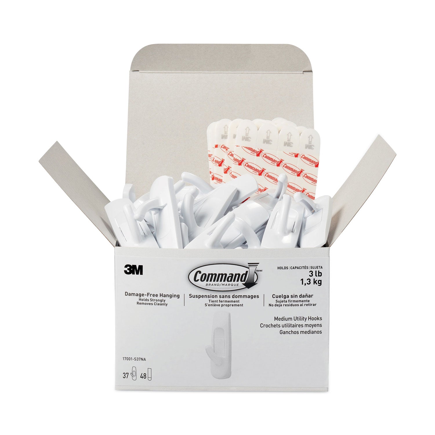 General Purpose Hooks, Medium, Plastic, White, 3 lb Capacity, 37 Hooks and 48 Strips/Pack