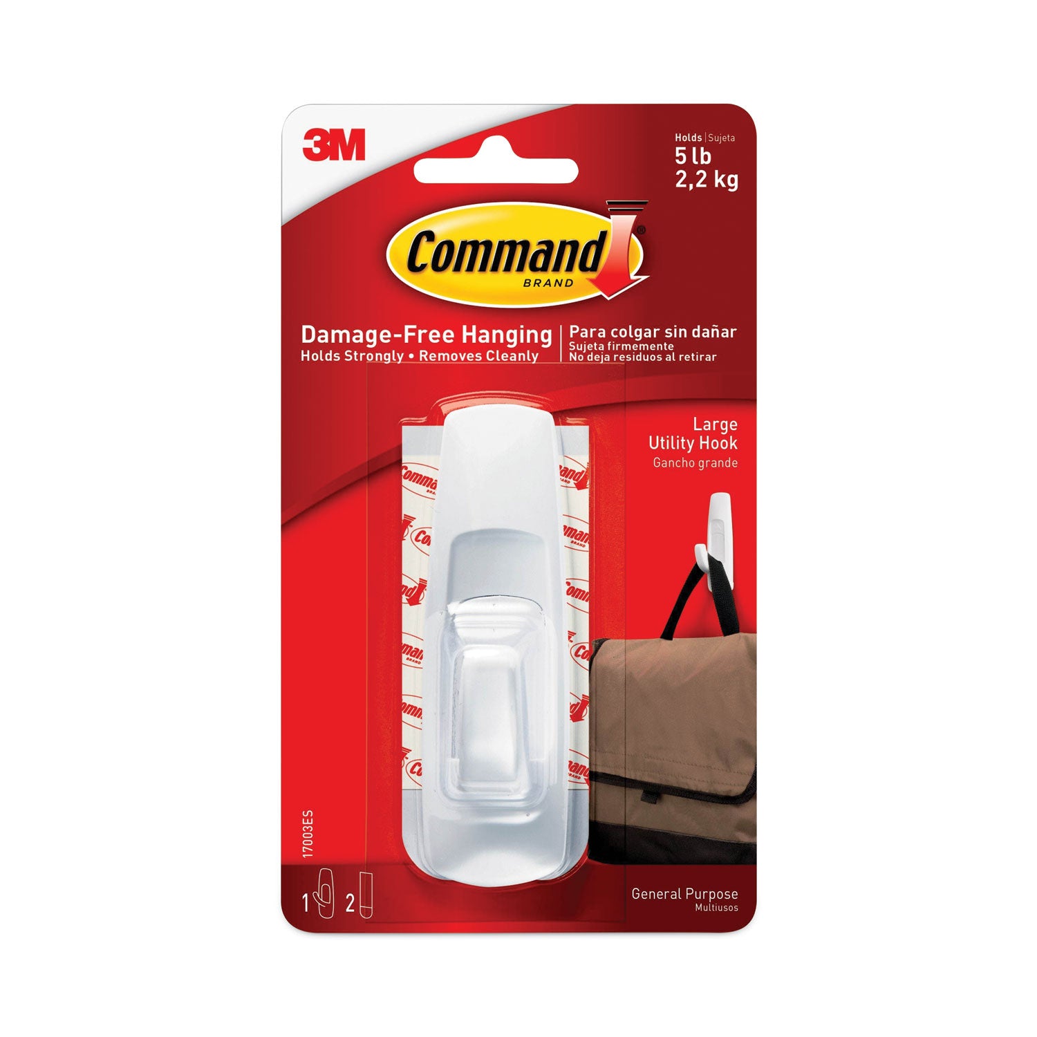 Command™ General Purpose Hooks, Large, Plastic, White, 5 lb Capacity, 1 Hook and 2 Strips/Pack