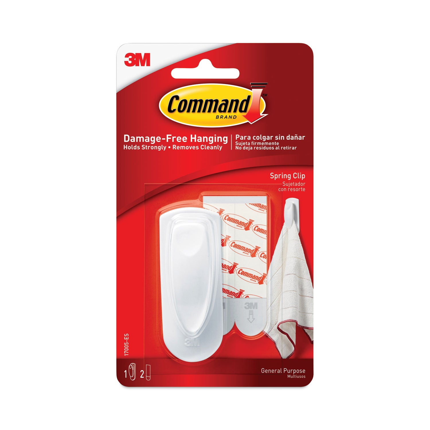 Command™ Spring Hook, Plastic, White, 0.25 lb Capacity, 1 Hook and 2 Strips/Pack