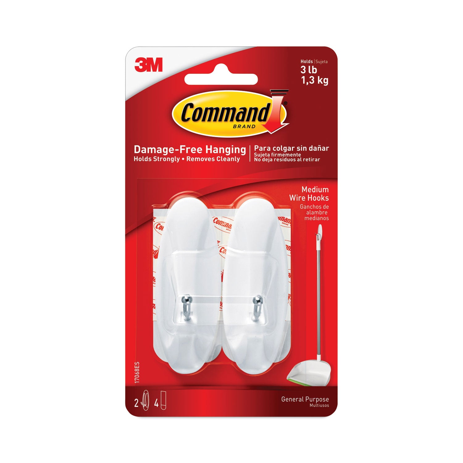 Command™ General Purpose Wire Hooks, Medium, Metal, White, 3 lb Capacity, 2 Hooks and 4 Strips/Pack