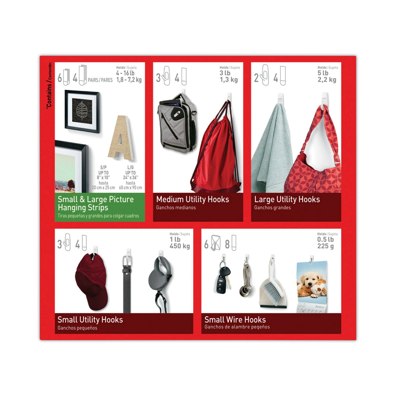 Command™ General Purpose Hooks, Variety Pack, Assorted Sizes, Plastic, White, 0.5, 1, 3, 5, 16 lb Capacities, 54 Pieces/Pack