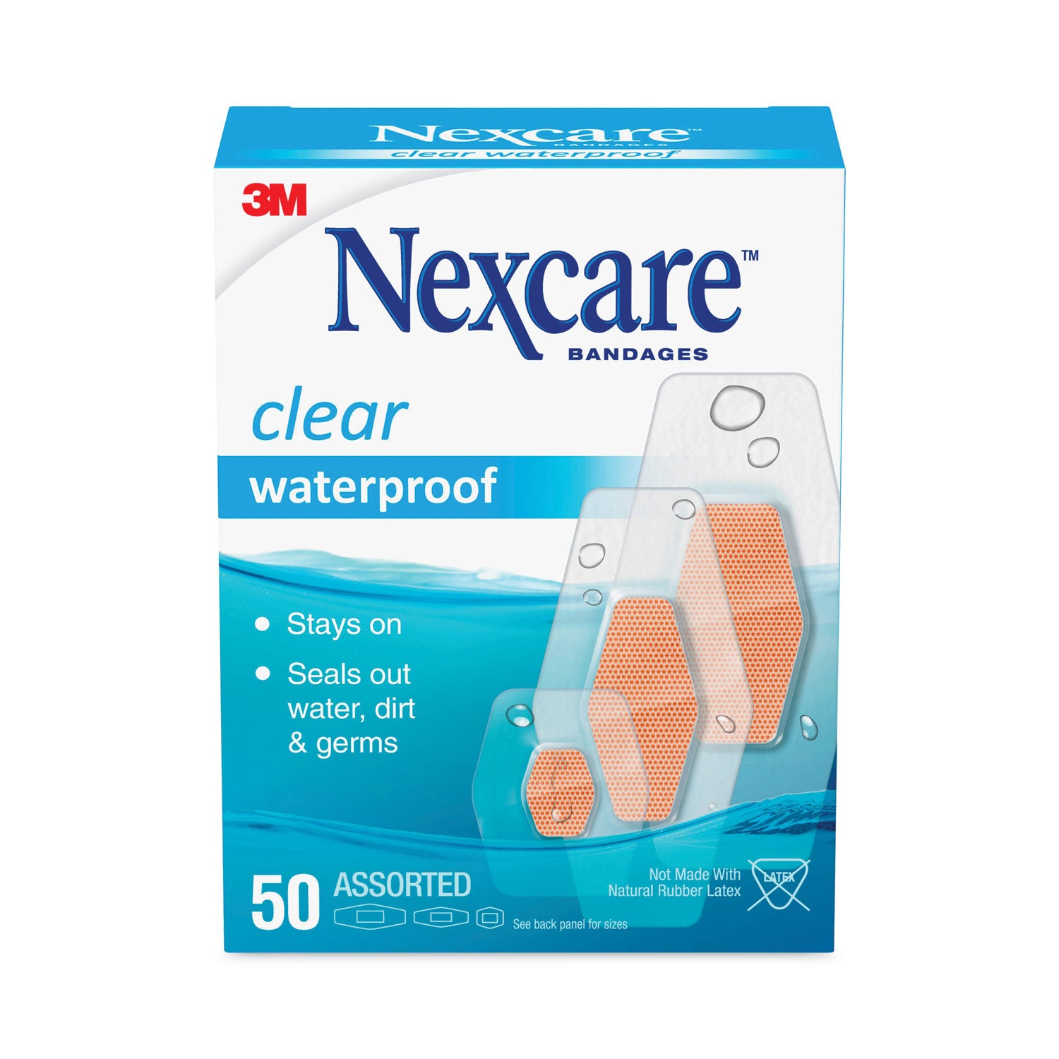 3M Nexcare™ Waterproof, Clear Bandages, Assorted Sizes, 50/box