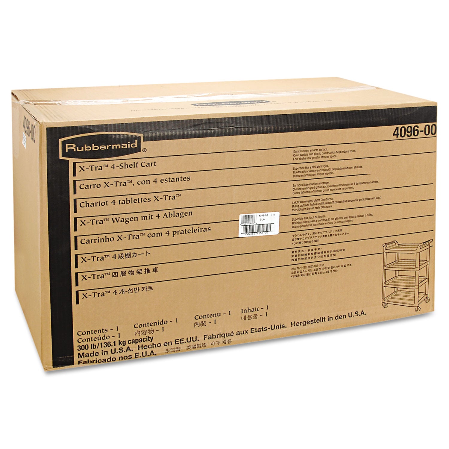 Rubbermaid® Commercial Xtra Utility Cart with Open Sides, Plastic, 4 Shelves, 400 lb Capacity, 40.63" x 20" x 51", Black