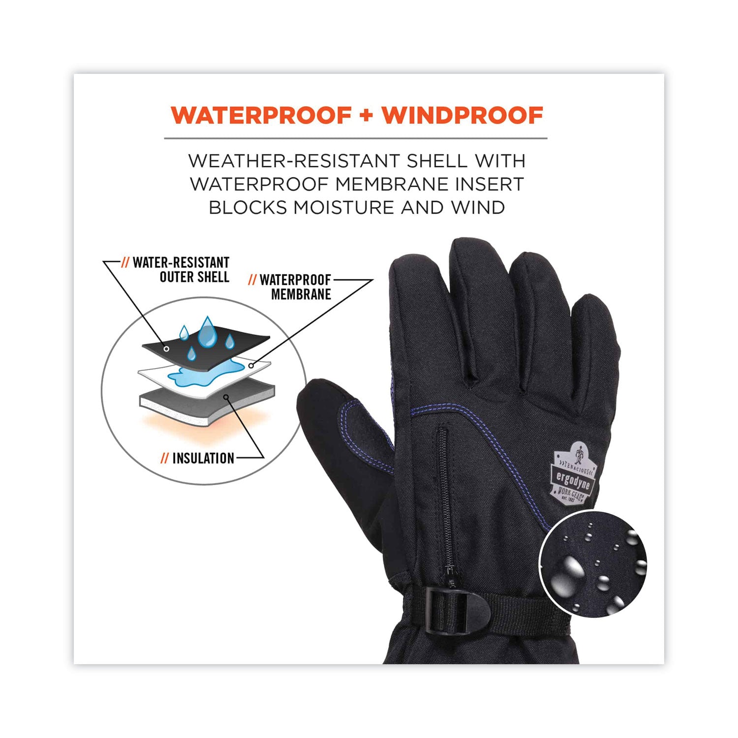 ergodyne® ProFlex 825WP Thermal Waterproof Winter Work Gloves, Black, Large, Pair