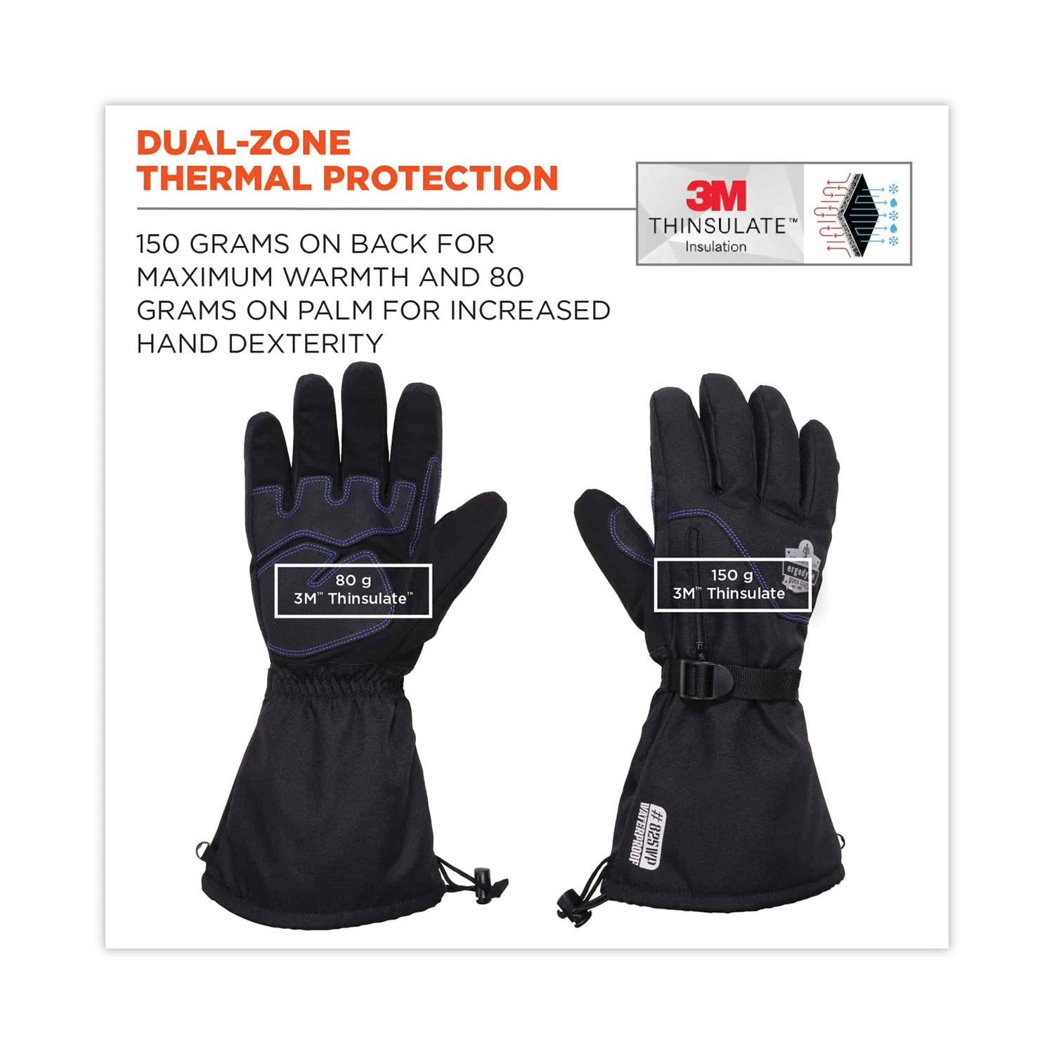ergodyne® ProFlex 825WP Thermal Waterproof Winter Work Gloves, Black, 2X-Large, Pair