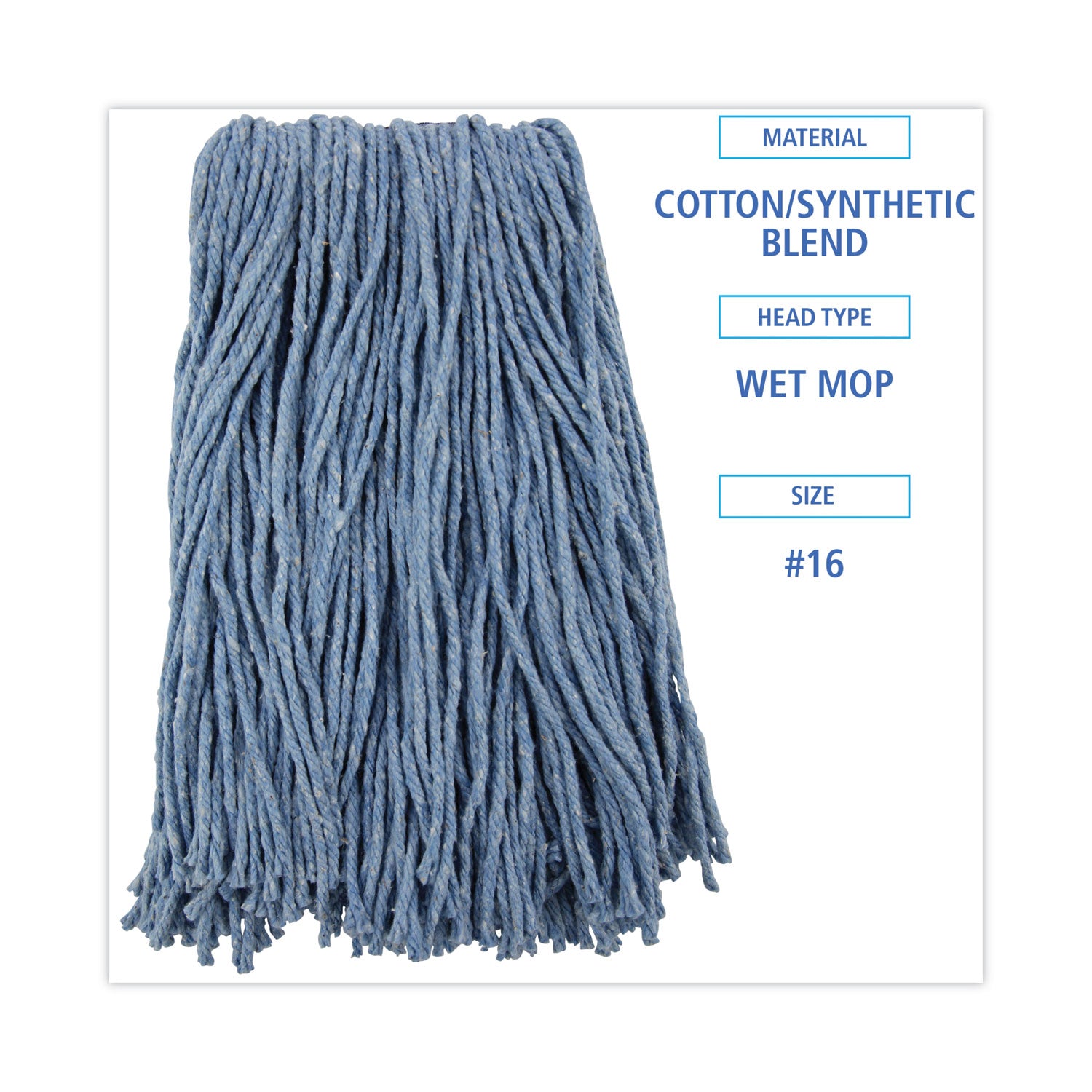 Boardwalk® Mop Head, Standard Head, Cotton/synthetic Fiber, Cut-End, #16., Blue