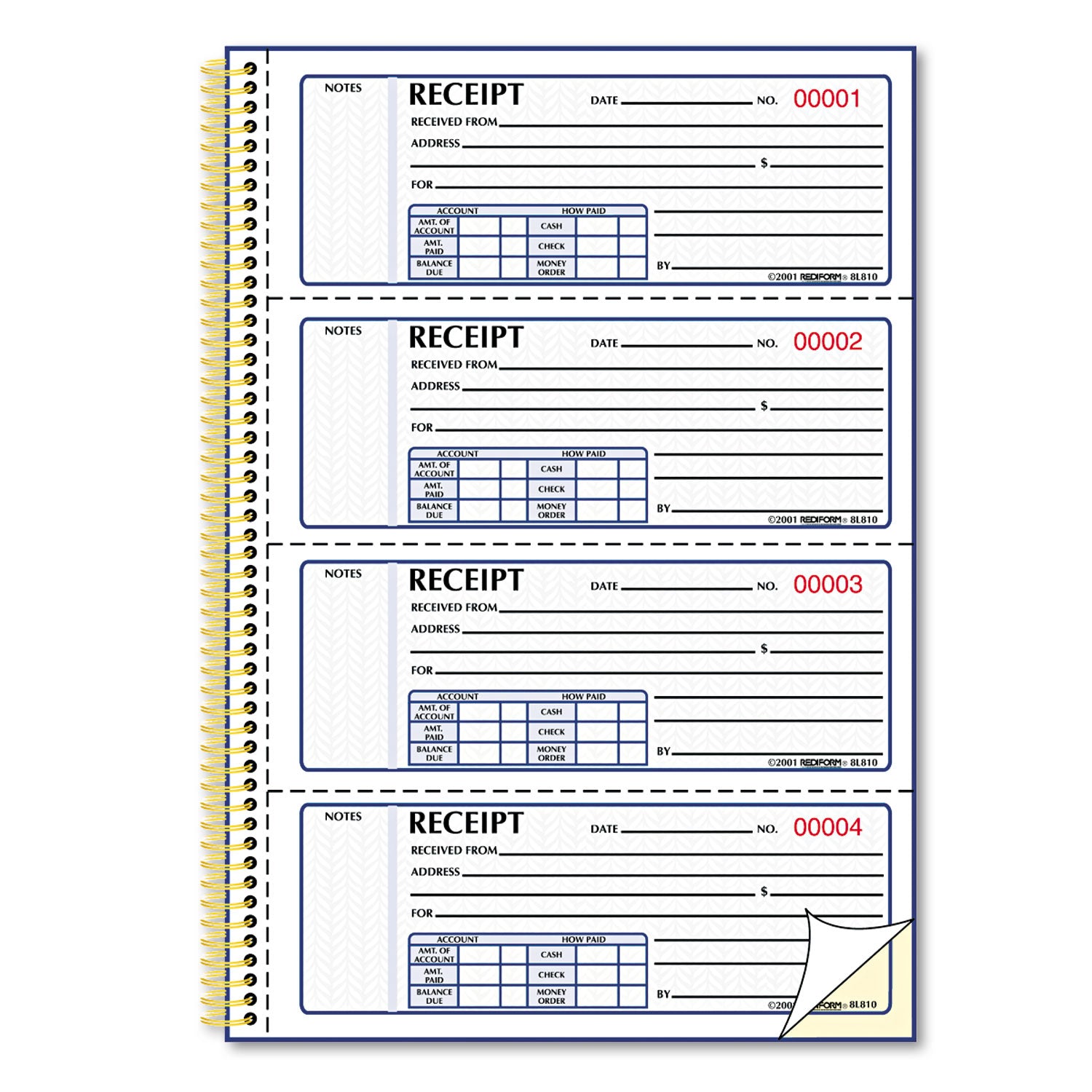 Rediform® Gold Standard Money Receipt Book, Two-Part Carbonless, 7 x 2.75, 4 Forms/Sheet, 300 Forms Total