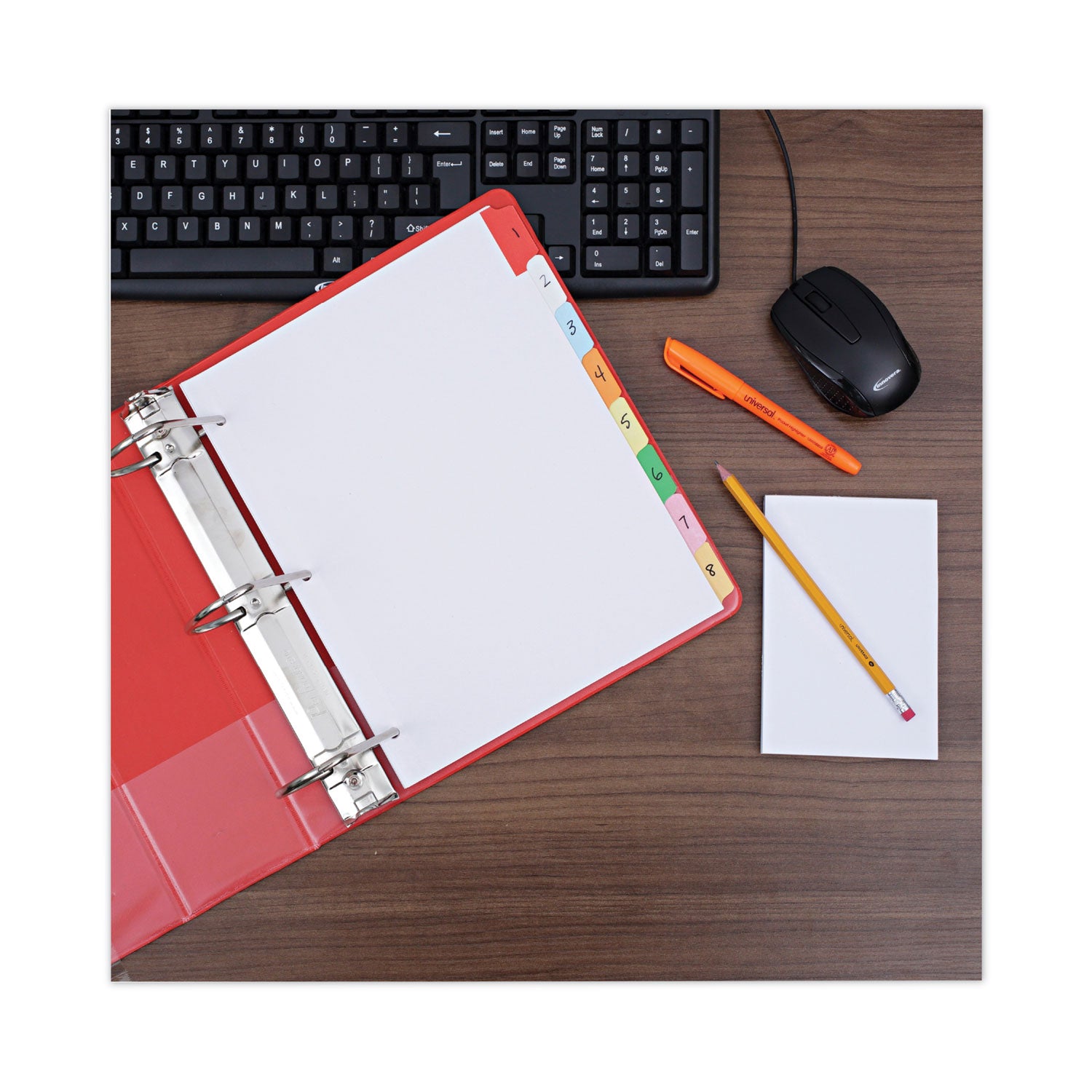 Universal® Deluxe Write-On/Erasable Tab Index, 8-Tab, 11 x 8.5, White, Assorted Tabs, 1 Set