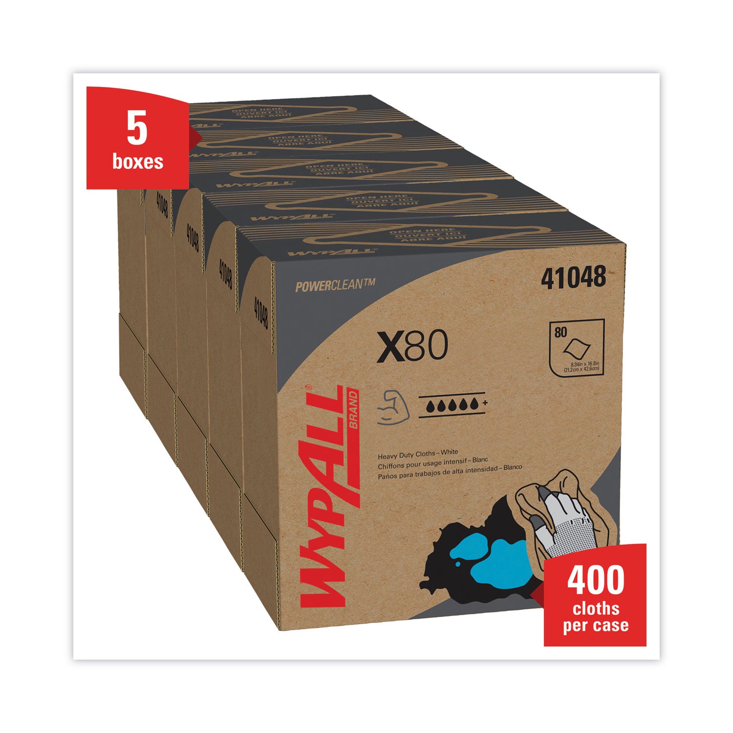 WypAll® X80 Cloths, HYDROKNIT, POP-UP Box, 8.34 x 16.8, White, 80/Box, 5 Boxes/Carton
