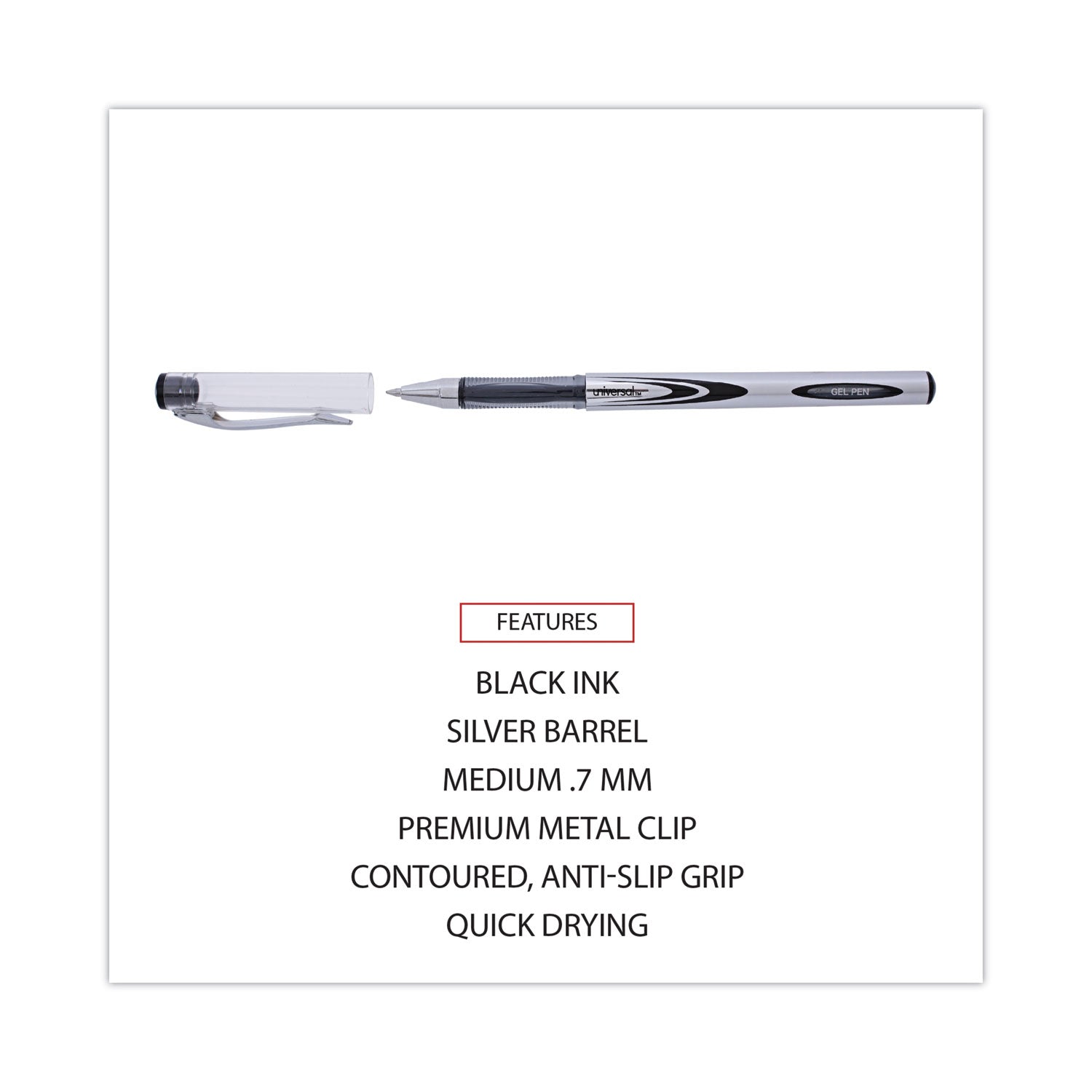 Universal™ Gel Pen, Stick, Medium 0.7 Mm, Black Ink, Silver/black Barrel, Dozen
