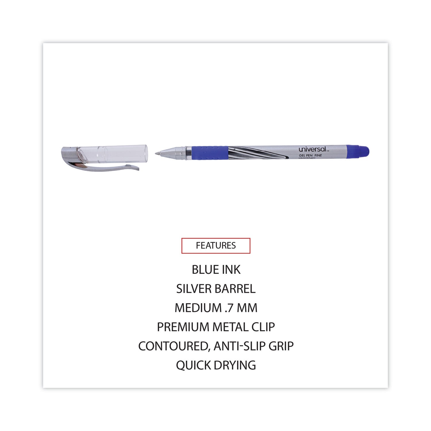 Universal™ Gel Pen, Stick, Medium 0.7 Mm, Blue Ink, Silver/blue Barrel, Dozen