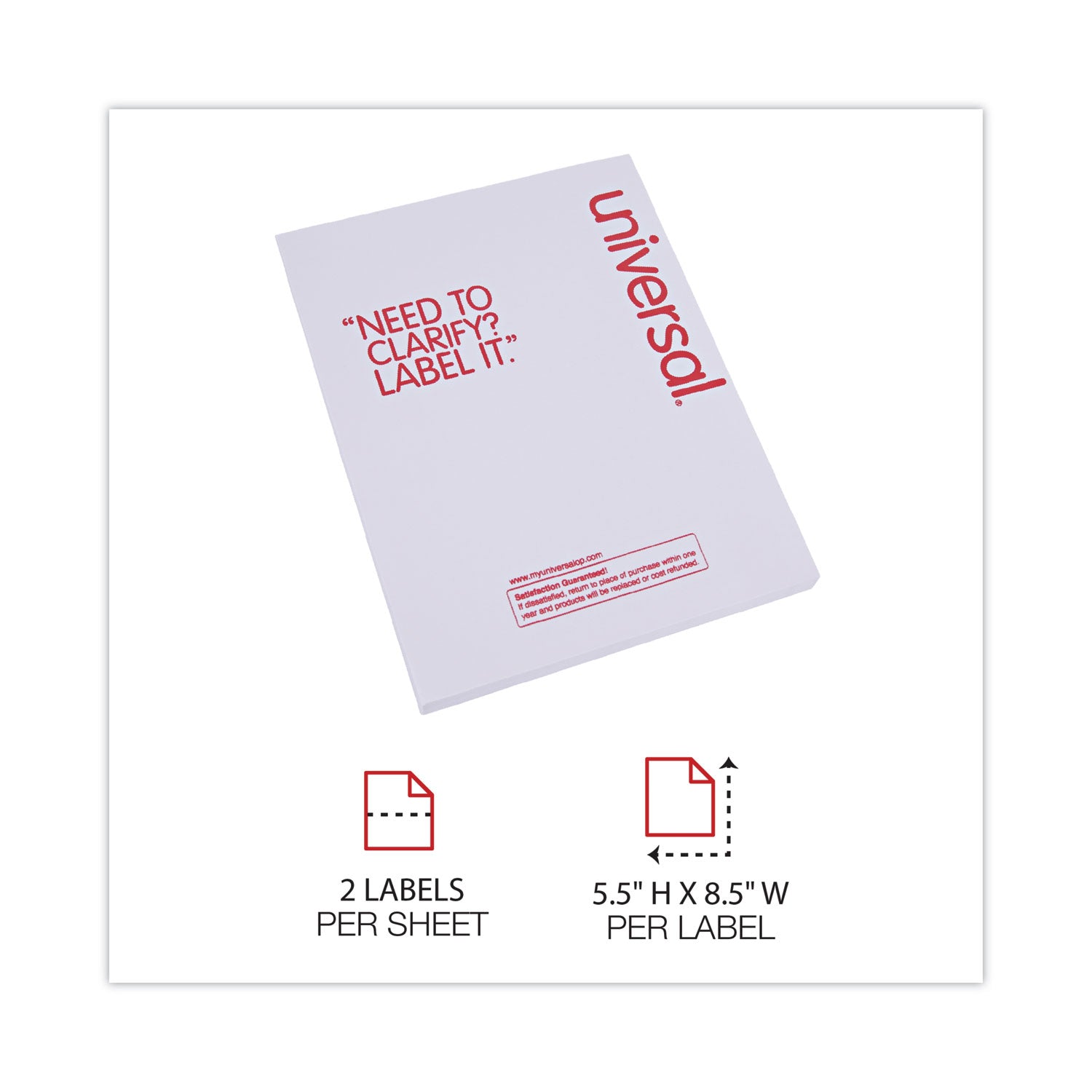 Universal® White Labels, Inkjet/laser Printers, 5.5 X 8.5, White, 2/sheet, 100 Sheets/pack