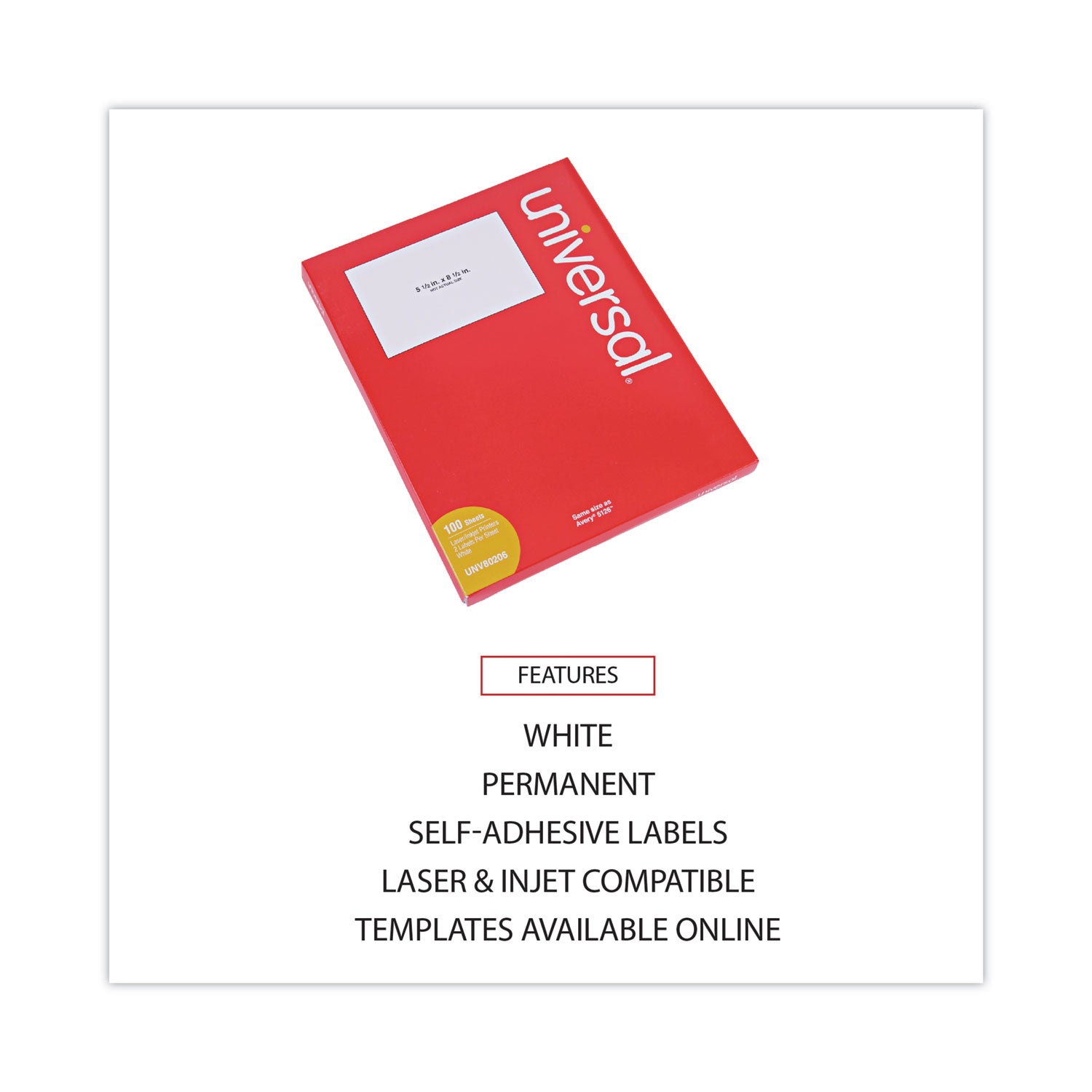 Universal® White Labels, Inkjet/laser Printers, 5.5 X 8.5, White, 2/sheet, 100 Sheets/pack