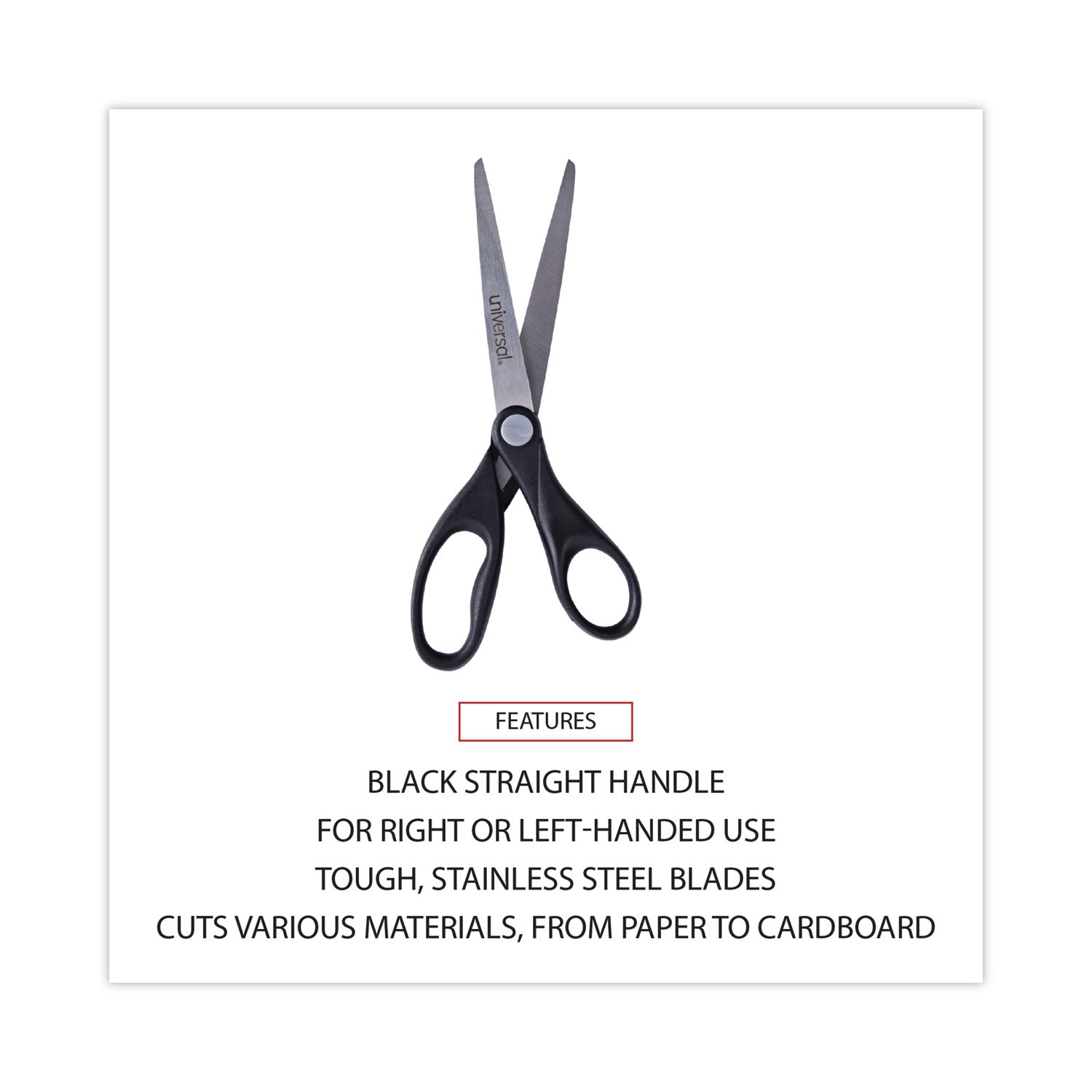 Universal® Stainless Steel Office Scissors, 7" Long, 3" Cut Length, Straight Black Handle