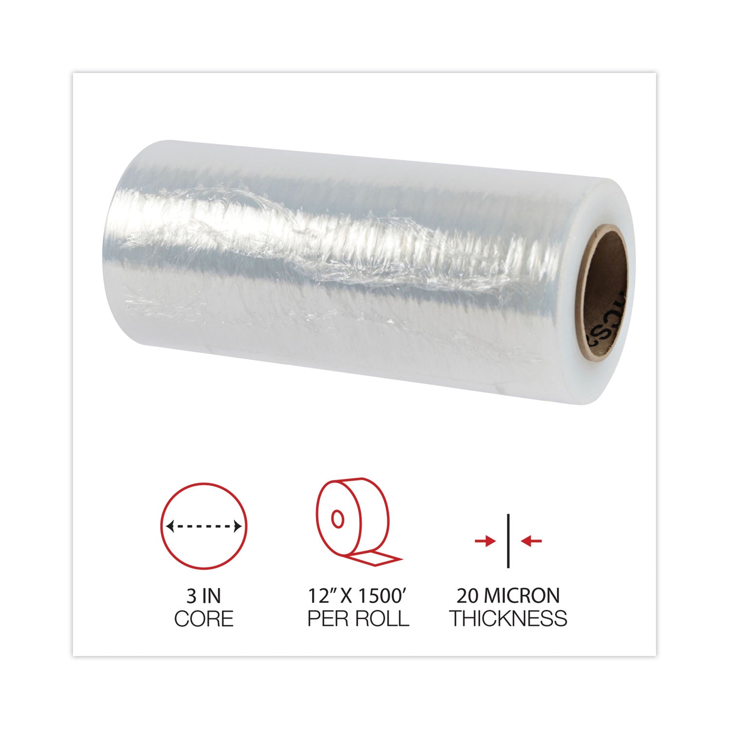 Universal® Handwrap Stretch Film, 12" x 1,500 ft Roll, 20 mic (80-Gauge), Clear, 4/Carton