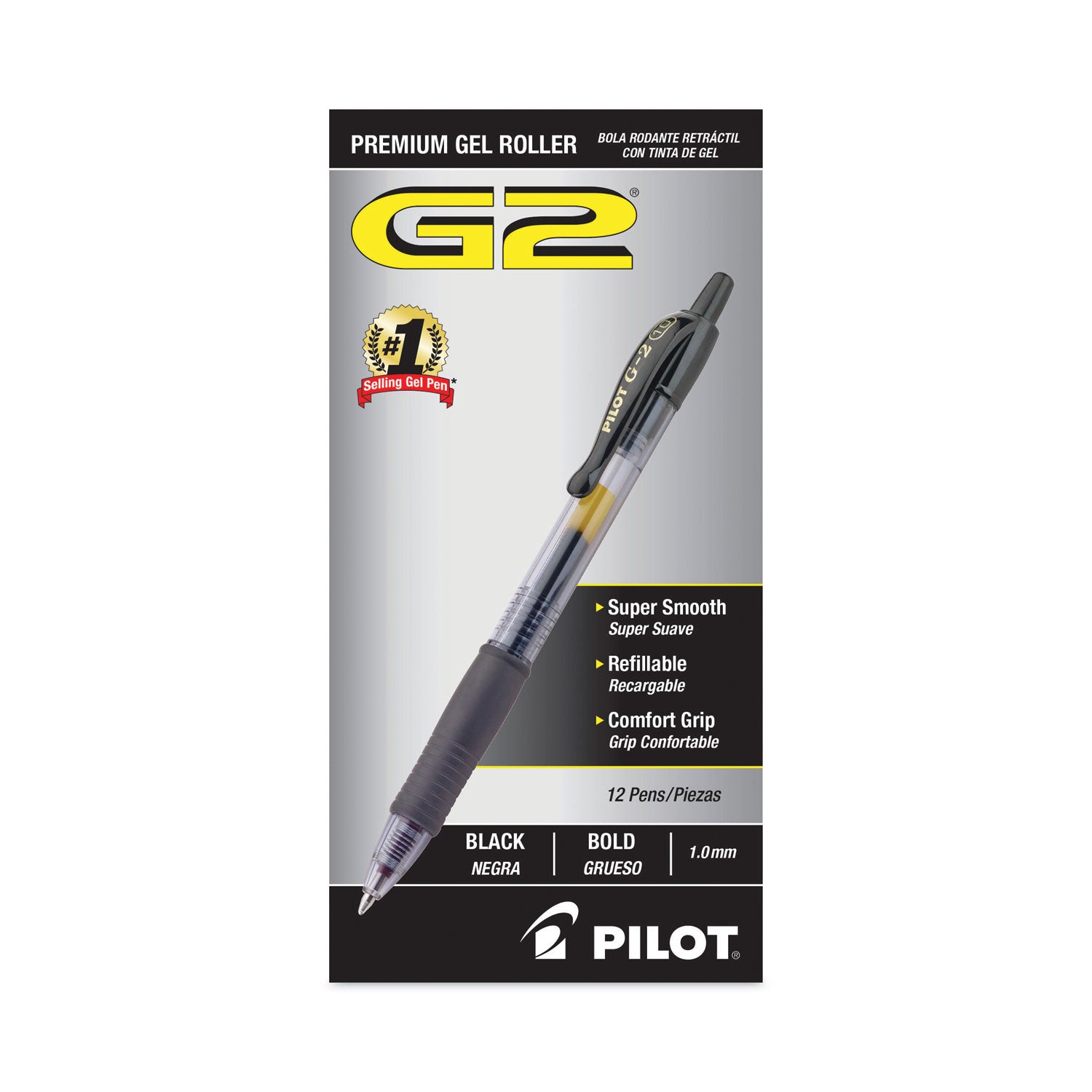 Pilot® G2 Premium Gel Pen, Retractable, Bold 1 mm, Black Ink, Smoke/Black Barrel, Dozen