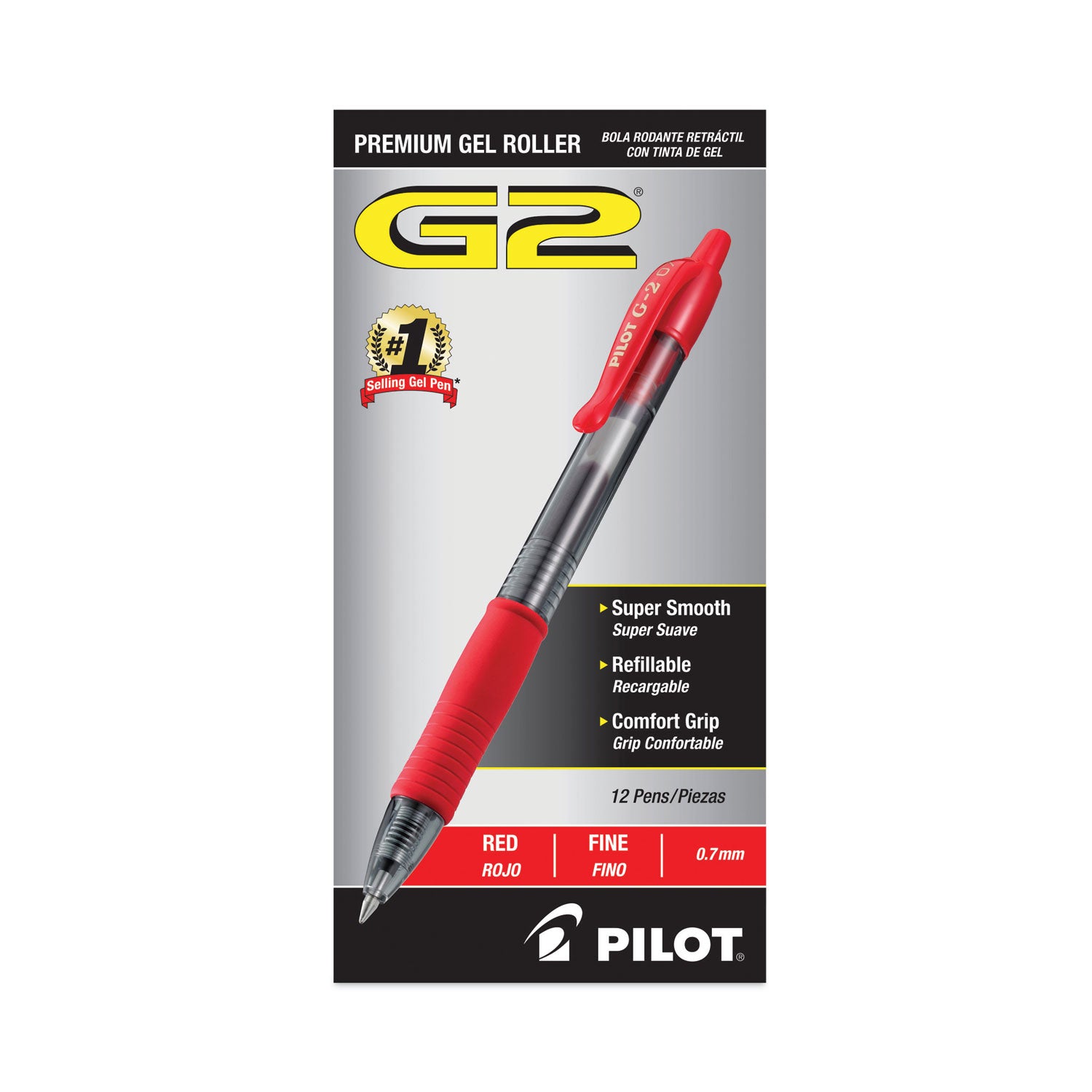 Pilot® G2 Premium Gel Pen, Retractable, Fine 0.7 mm, Red Ink, Smoke/Red Barrel, Dozen