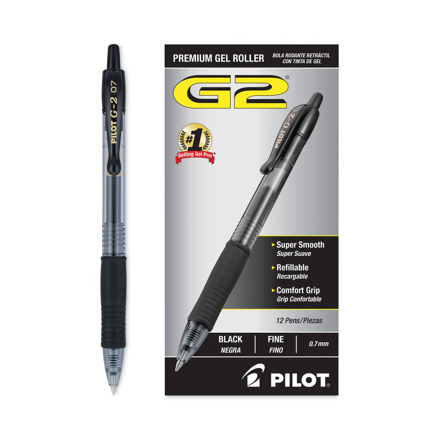 Pilot® G2 Premium Gel Pen, Retractable, Fine 0.7 mm, Black Ink, Smoke/Black Barrel, Dozen