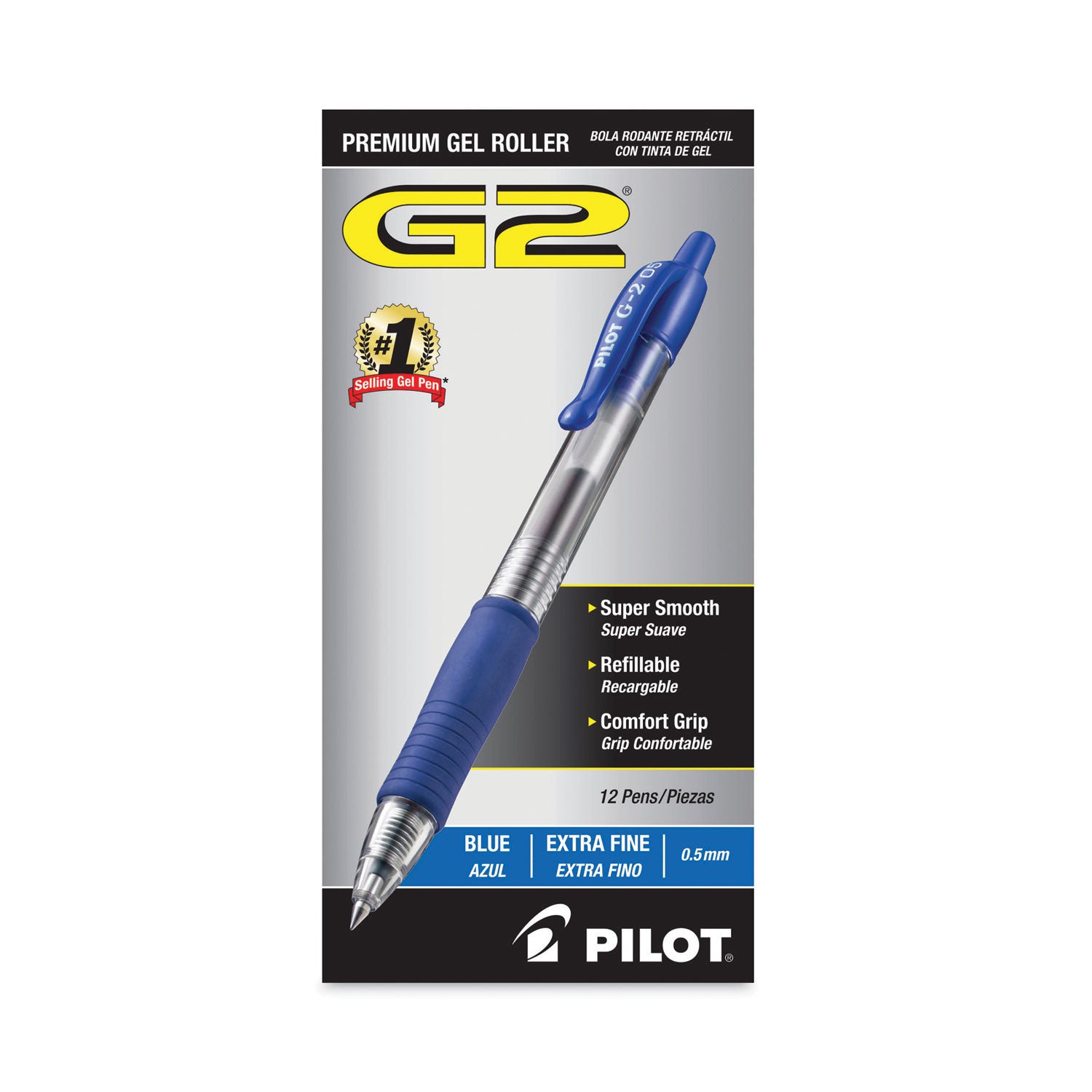 Pilot® G2 Premium Gel Pen, Retractable, Extra-Fine 0.5 mm, Blue Ink, Smoke/Blue Barrel, Dozen