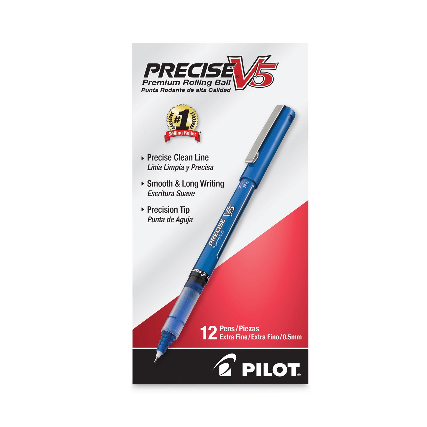Pilot® Precise V5 Rollerball Pen, Stick, Extra-Fine 0.5 mm, Blue Ink, Blue/Clear Barrel, Dozen