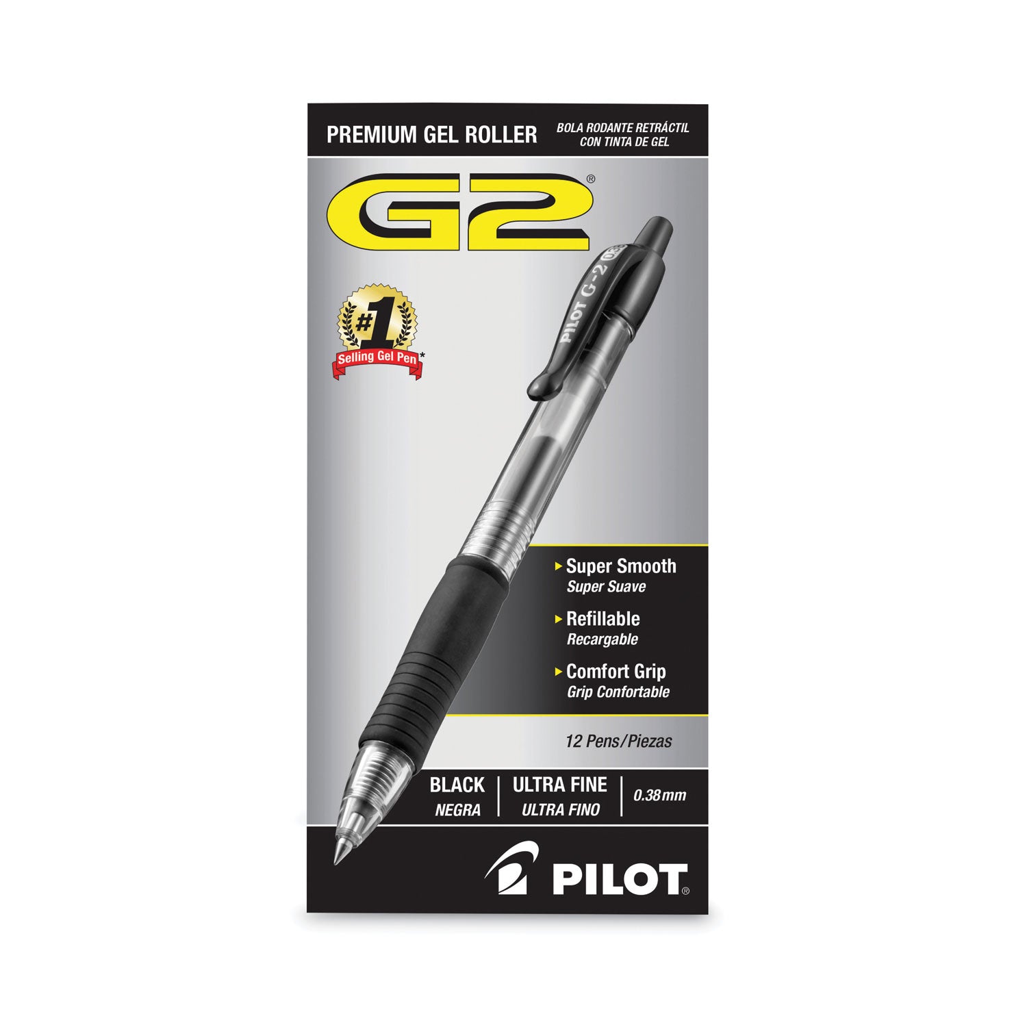 Pilot® G2 Premium Gel Pen Convenience Pack, Retractable, Extra-Fine 0.38 mm, Black Ink, Smoke/Black Barrel, Dozen