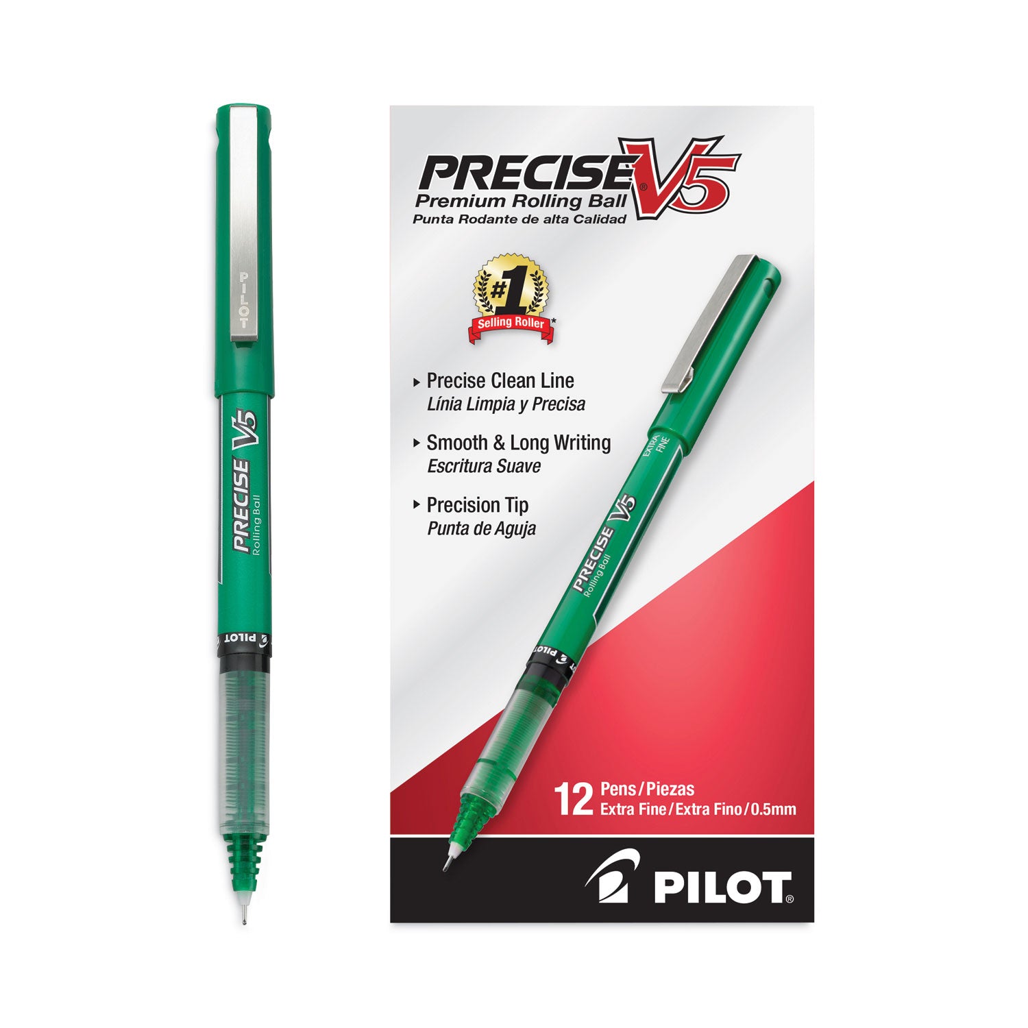 Pilot® Precise V5 Rollerball Pen, Stick, Extra-Fine 0.5 mm, Green Ink, Green/Clear Barrel, Dozen