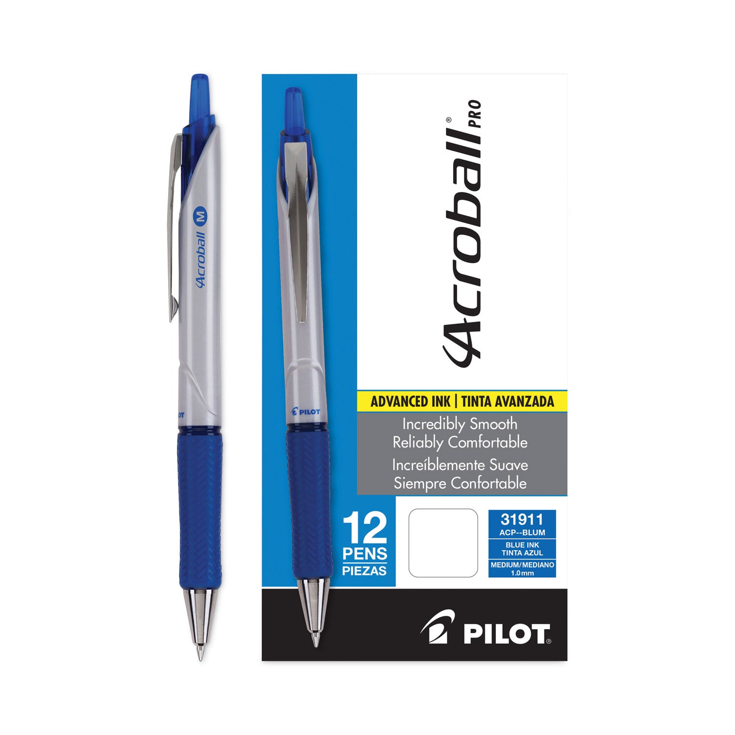 Pilot® Acroball Pro Advanced Ink Hybrid Gel Pen, Retractable, Medium 1 mm, Blue Ink, Silver/Blue Barrel, Dozen