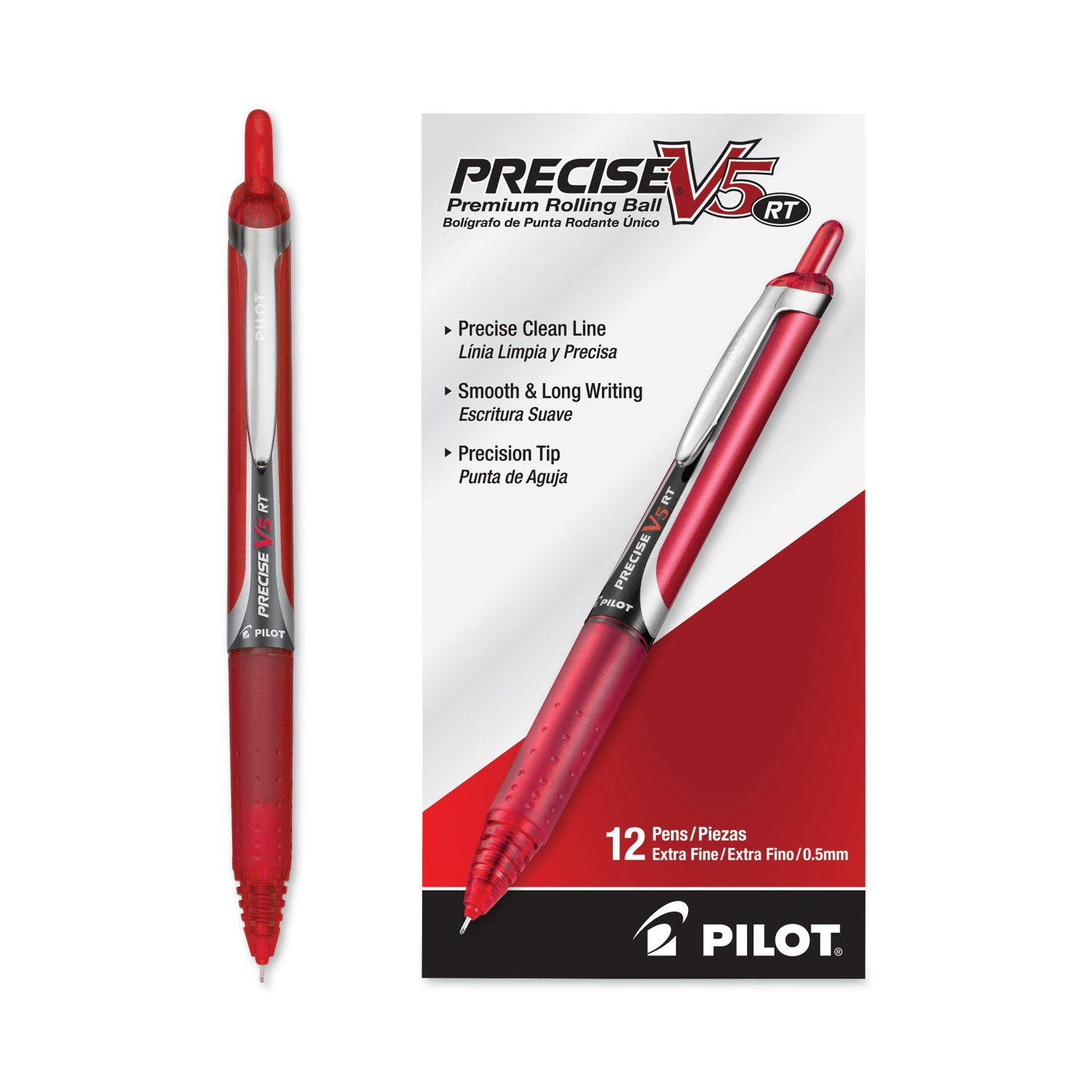 Pilot® Precise V5RT Rollerball Pen, Retractable, Extra-Fine 0.5 mm, Red Ink, Red Barrel