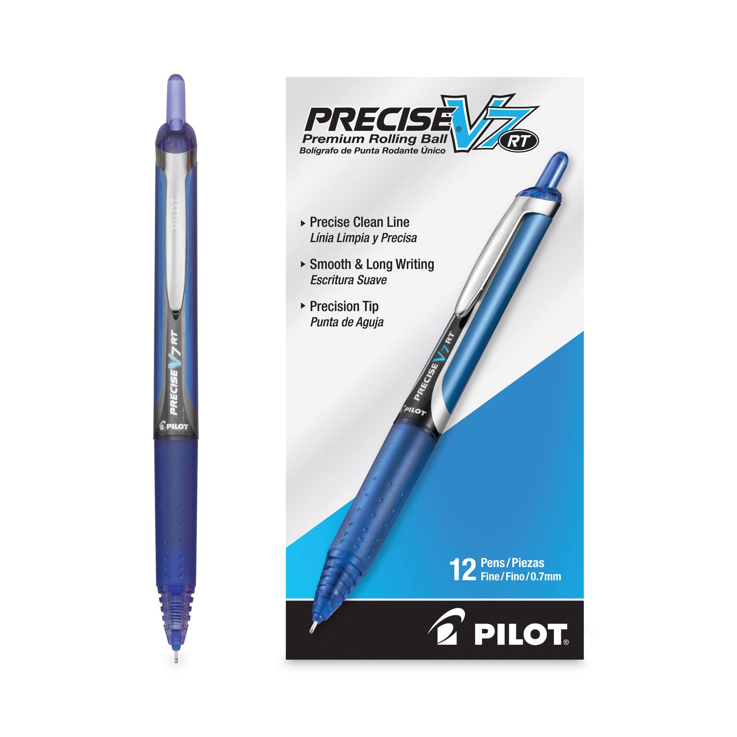 Pilot® Precise V7RT Rollerball Pen, Retractable, Fine 0.7 mm, Blue Ink, Blue Barrel