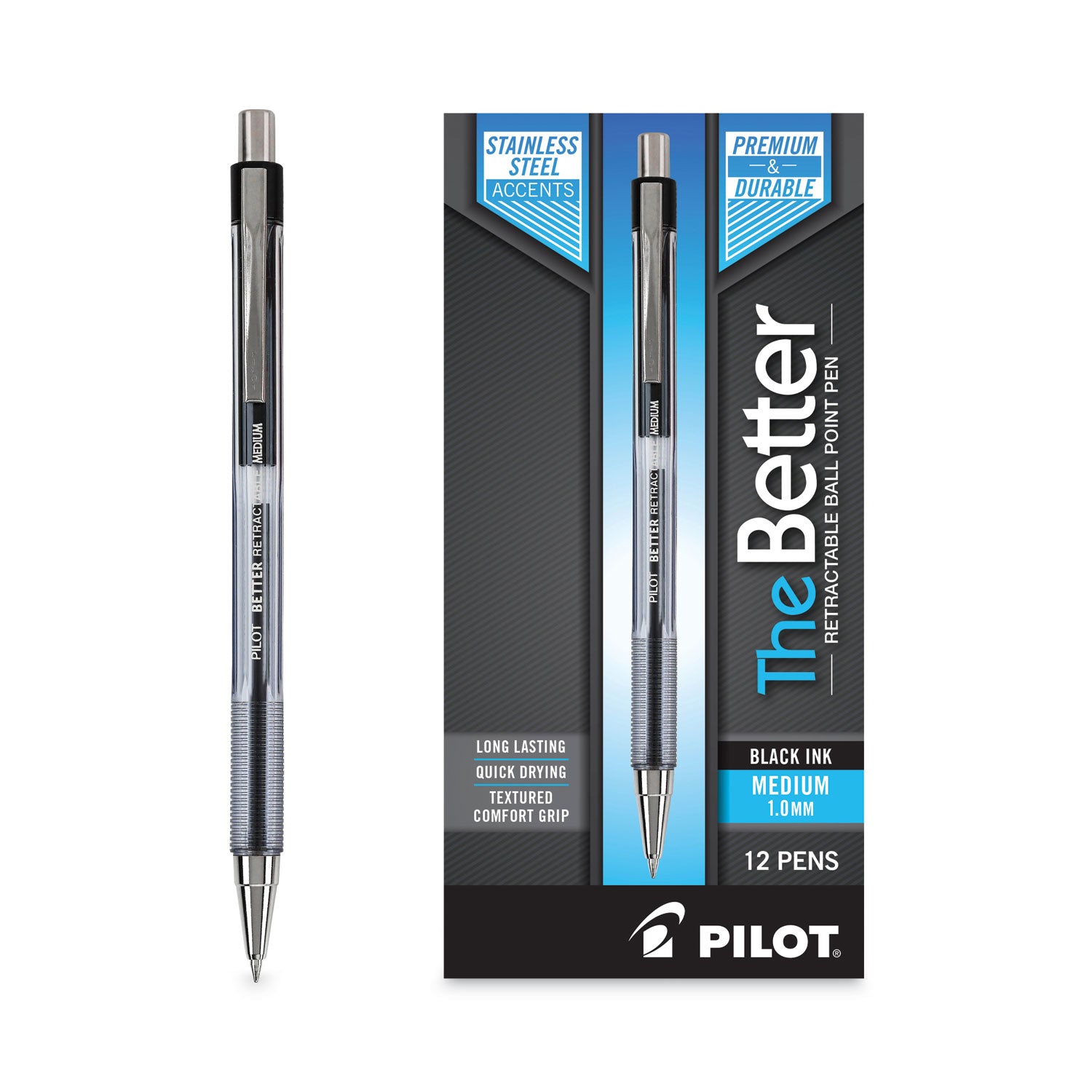 Pilot® Better Ballpoint Pen, Retractable, Medium 1 Mm, Black Ink, Smoke Barrel, Dozen