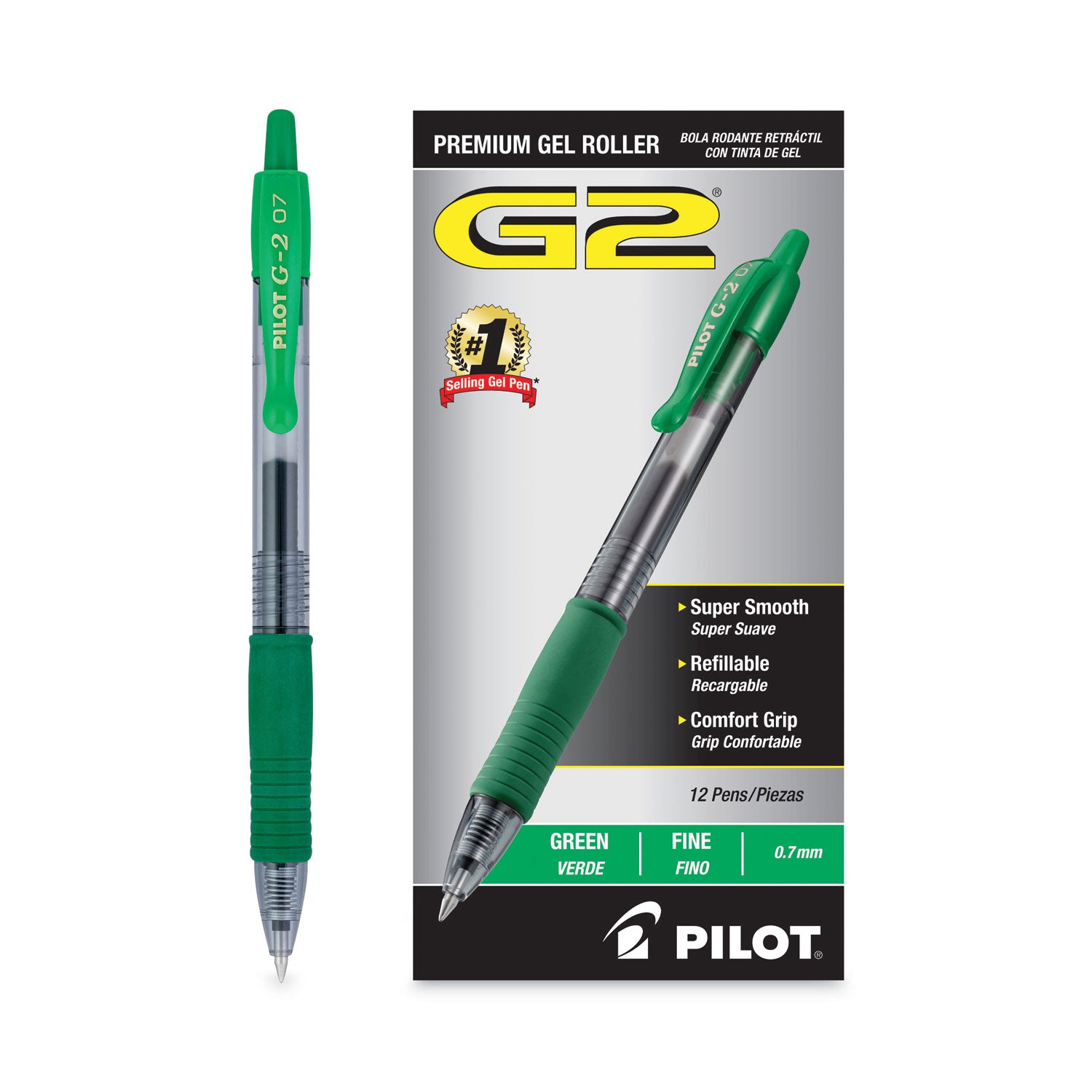 Pilot® G2 Premium Gel Pen, Retractable, Fine 0.7 mm, Green Ink, Smoke/Green Barrel, Dozen